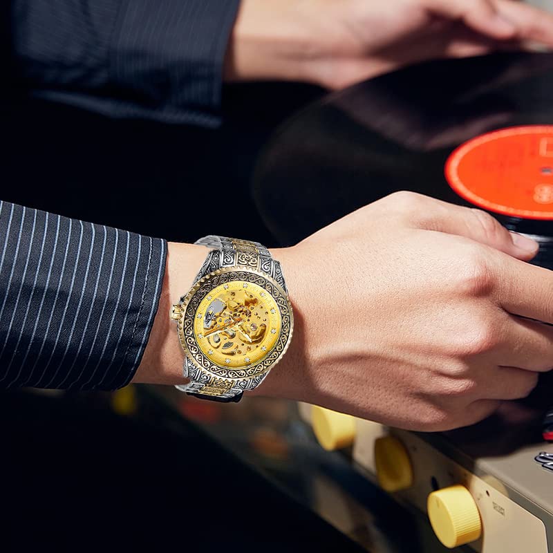 Luxury Men's Engraved Skeleton Watch - Stainless Steel Band with Unique Tattoo Pattern & Luminous Automatic Movement | Perfect for Formal Events, Business Meetings & Stylish Everyday Wear