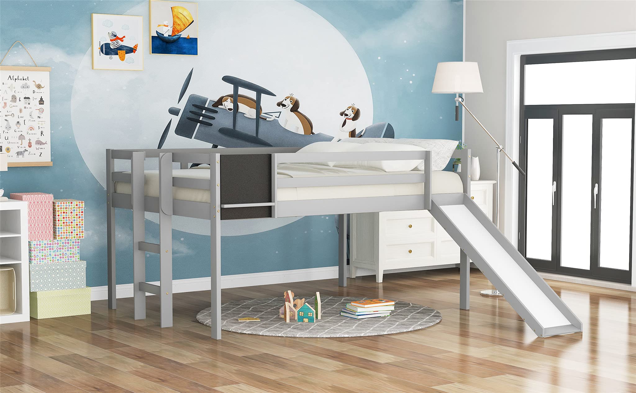 Solid Wood Loft Bed with Slide & Stairs - Twin Size Kids Bed with Chalkboard & Safety Rail - Easy Assembly No Box Spring Needed (Gray) - Perfect for Small Bedrooms, Playrooms & Dorm Rooms
