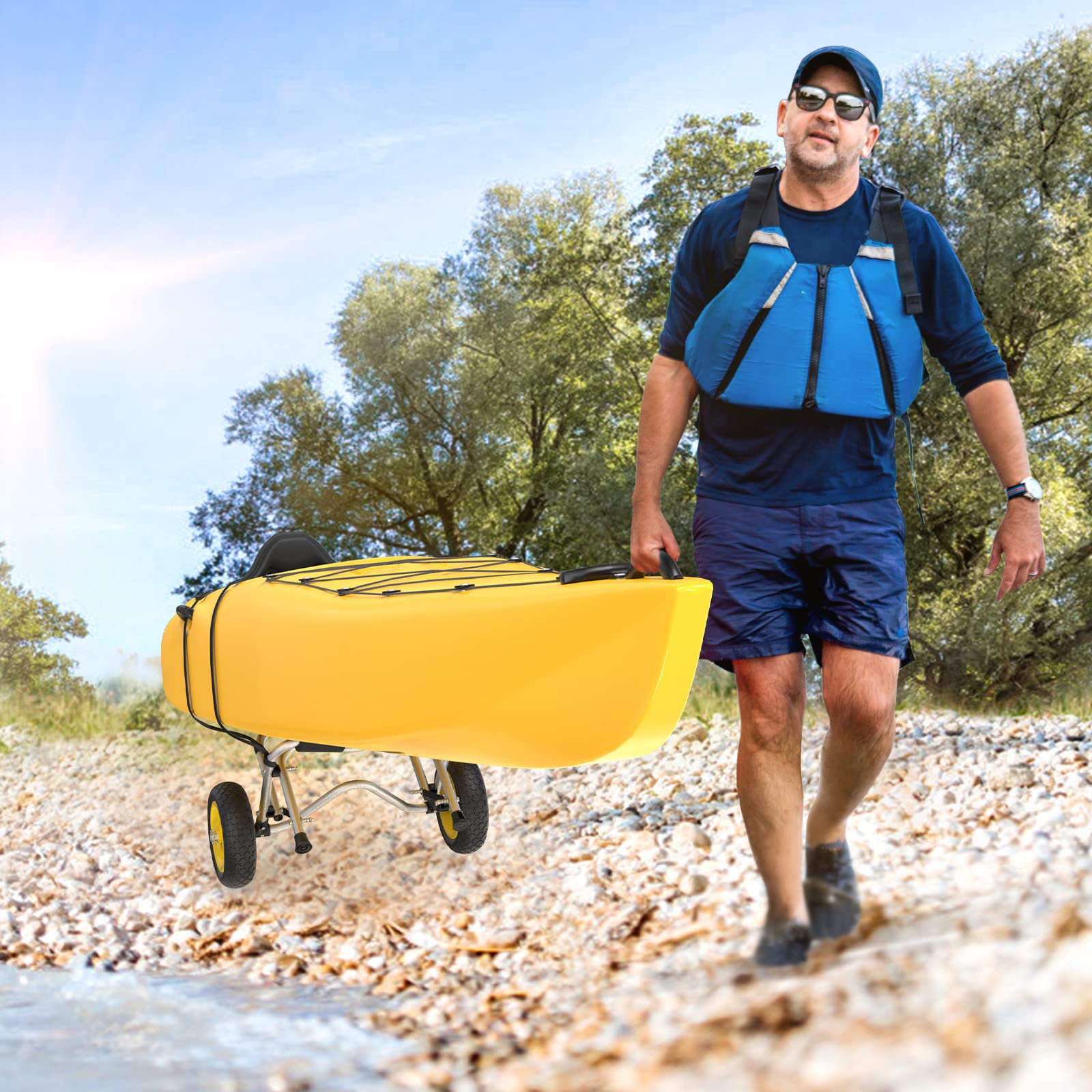 Bonnlo Foldable Kayak Cart with Airless Tires - Heavy Duty Canoe Dolly for Fishing Kayaks, Paddle Boards & Boat Transport - Includes 2 Ratchet Straps (Perfect for Beach, Lake & Outdoor Water Sports)