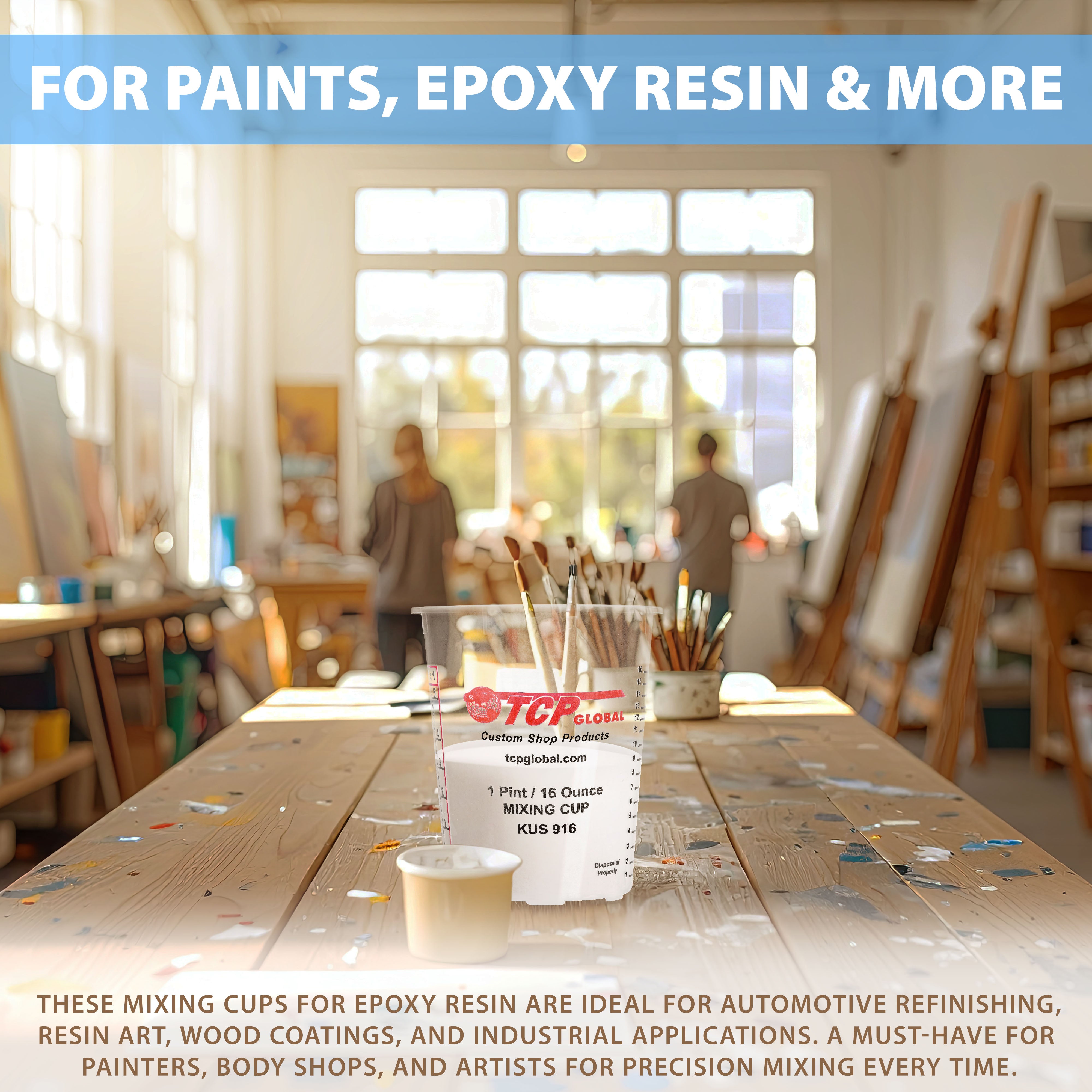16oz Paint Mixing Cups (Pack of 100) - Disposable & Reusable Plastic Measuring Cups for Automotive Paint, Epoxy Resin, Acrylic Art - Graduated with Mixing Ratios - Perfect for DIY Projects, Crafting & Professional Use