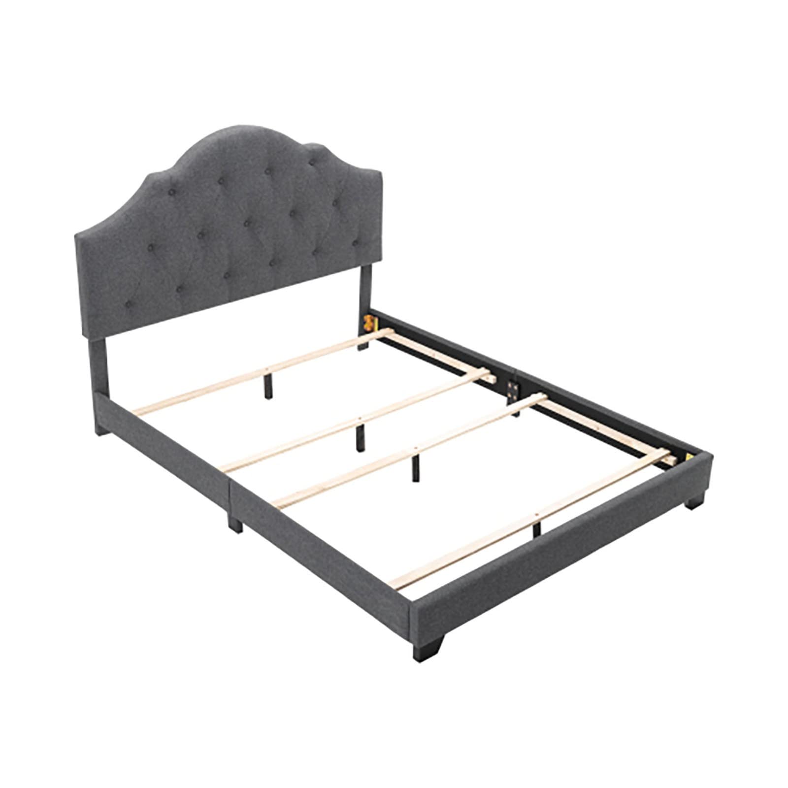 Solid Wood Upholstered Low Profile Platform Bed Frame with Adjustable Height Tufted Headboard - Queen Size Mattress Base (Gray) - Perfect for Modern Bedrooms, Guest Rooms & Small Spaces