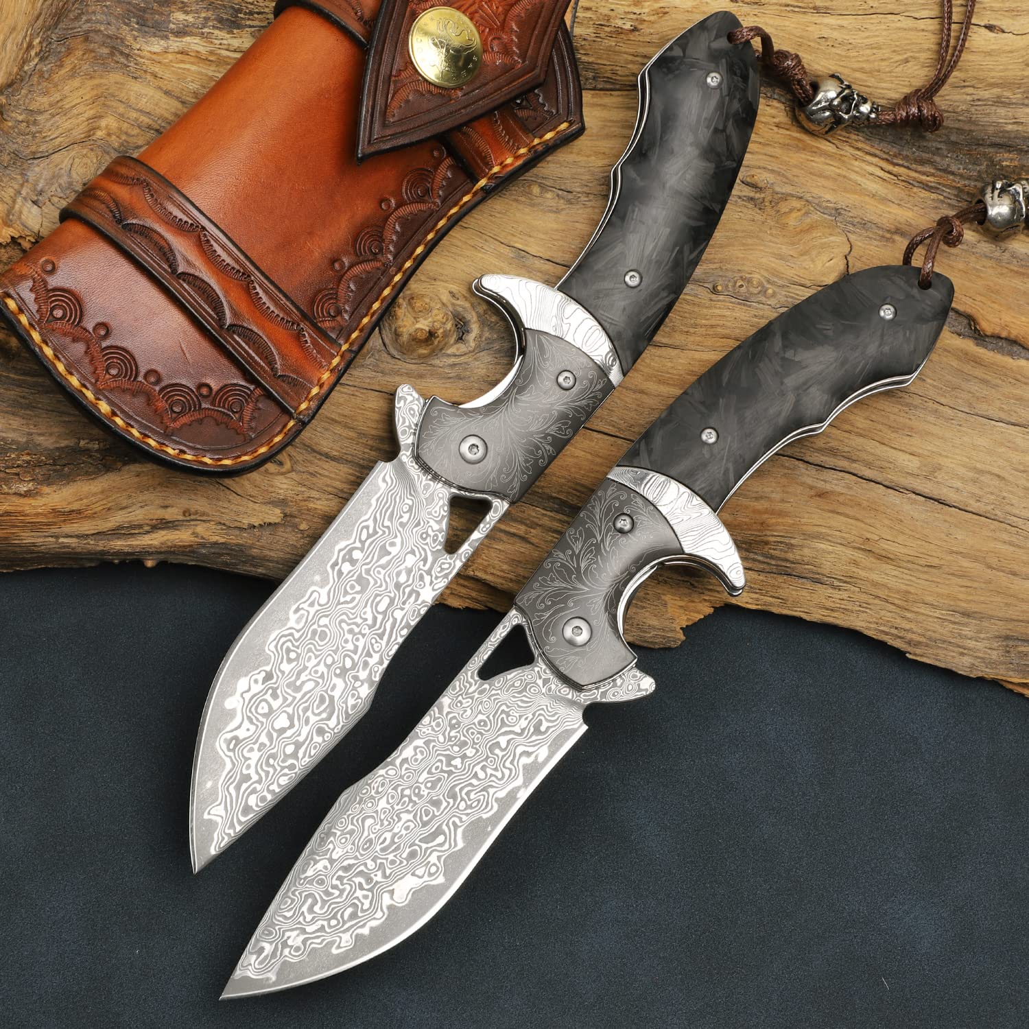 Premium Handmade Damascus Steel Folding Knife with Leather Case - 3.8 Inch VG10 Steel Core Blade, Steel Ball Bearings & Carbon Fiber Handle - Tactical Pocket Knife for Hiking, Camping, Outdoor Survival & Everyday Carry (EDC)