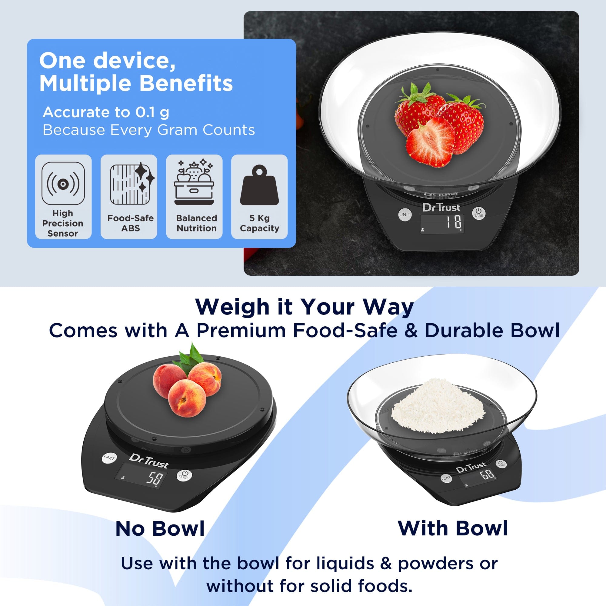 Dr Trust USA Digital Kitchen Scale with Bowl - 5kg Capacity, Precision Weighing for Healthy Cooking & Baking | BPA Free, Batteries Included | Perfect for Meal Prep, Diet Tracking & Home Baking