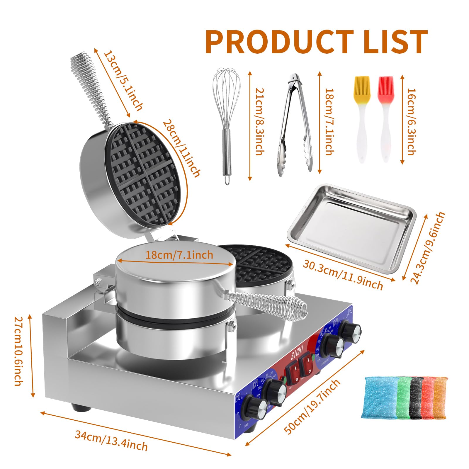 Commercial Waffle Maker 2400W - Dual Non-Stick Baking Plates, 550°F Temperature Control & Timer - Stainless Steel Waffle Iron for Restaurants, Hotels, Cafes - Perfect for Breakfast Service, Buffets, and Catering Events