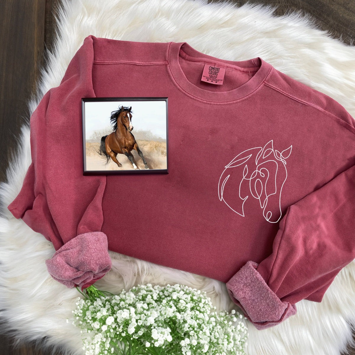 Custom Embroidered Horse Sweatshirt - Comfort Color® Vintage Pullover - Personalized Photo to Apparel - Perfect for Equestrian Lovers & Western Fashion