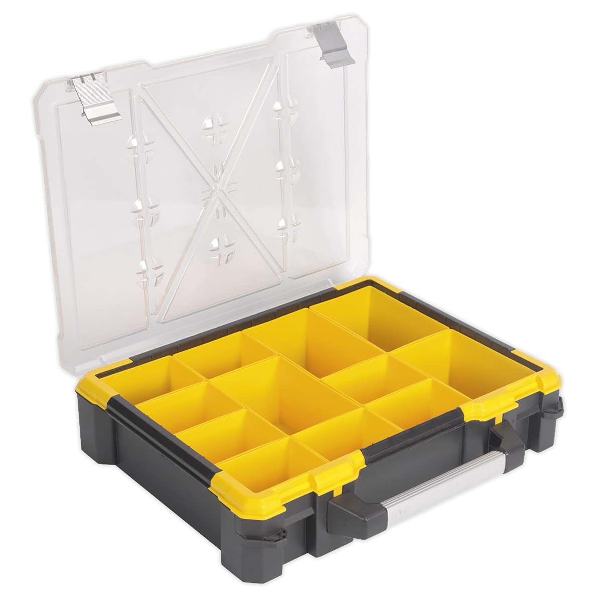 Sealey APAS12R 12-Compartment Plastic Tool Organizer Box - Durable Storage Case for Small Parts, Hardware, Nails & Screws - Perfect for Garage, Workshop & DIY Projects
