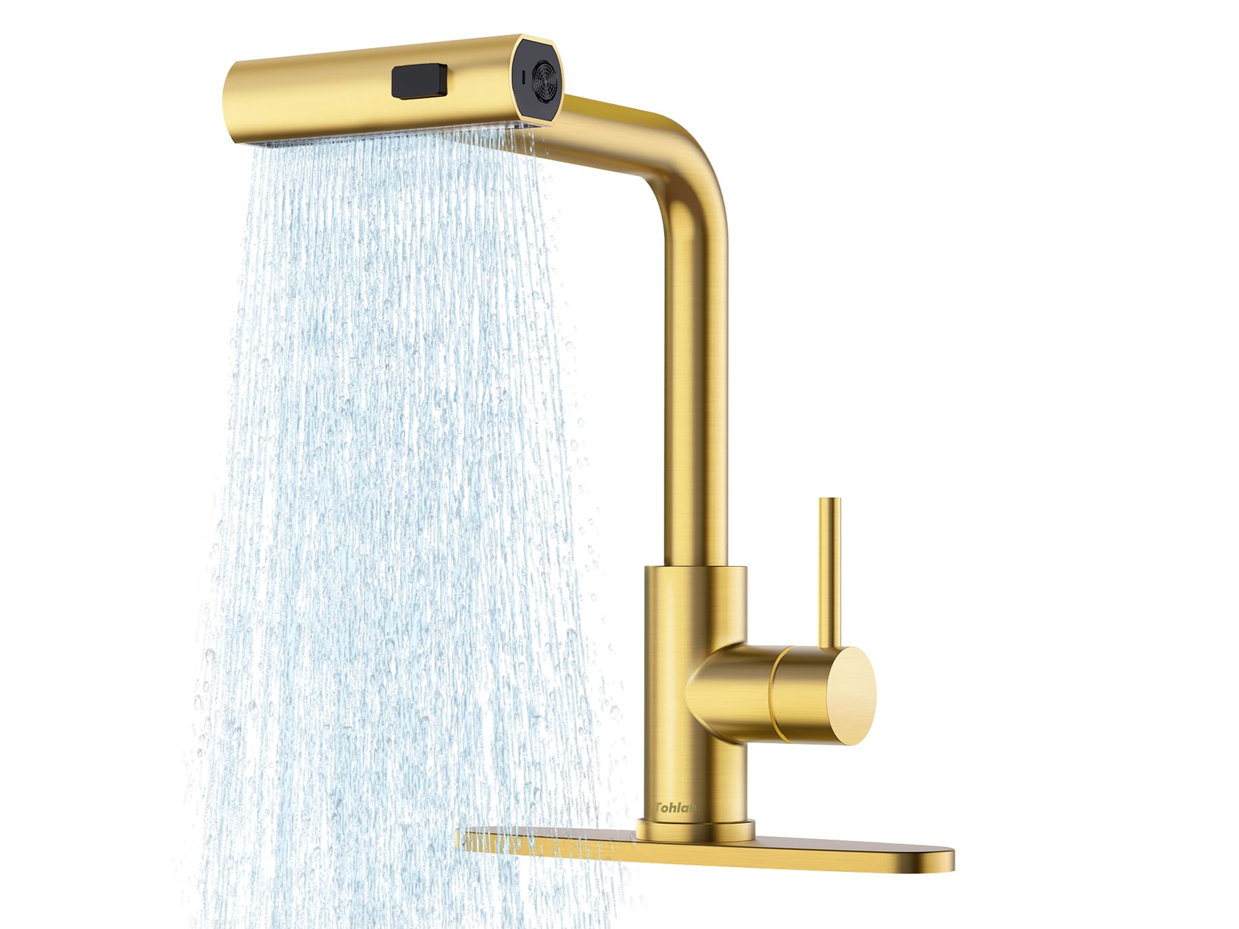 Tohlar Brushed Gold Kitchen Faucet with Pull Down Sprayer - 3 Function Waterfall Sink Faucet, Single Lever Handle for Modern Kitchens | Perfect for Cooking, Washing Dishes & Filling Pots