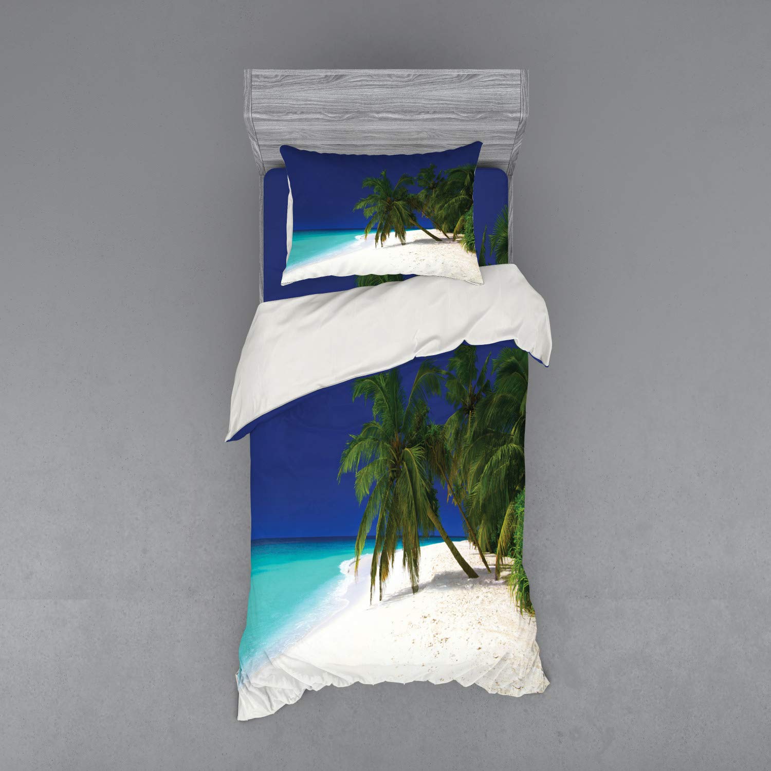 Ambesonne Ocean Duvet Cover Set - Tropical Island Getaway Coastal Print 3-Piece Bedding Set with Sham & Fitted Sheet, Twin XL Size in Navy Blue Green White Aqua - Perfect for Beach House Decor, Guest Room Makeover & Coastal Themed Bedrooms