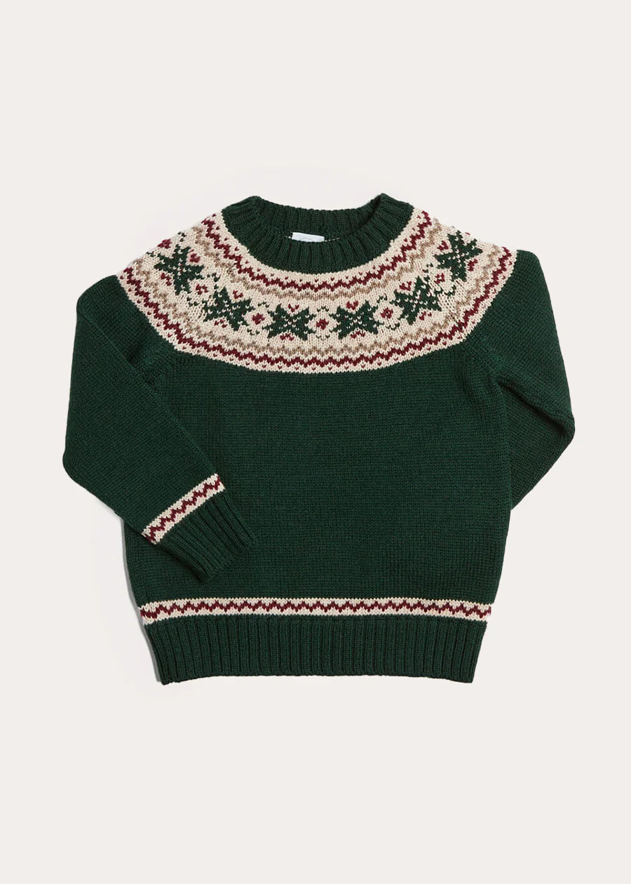 Classic Fair Isle Merino Wool Sweater for Kids - Green Knit Pullover (12 Months to 10 Years) | Warm Winter Wear for Boys & Girls | Cozy Holiday Outfit & Christmas Photoshoot