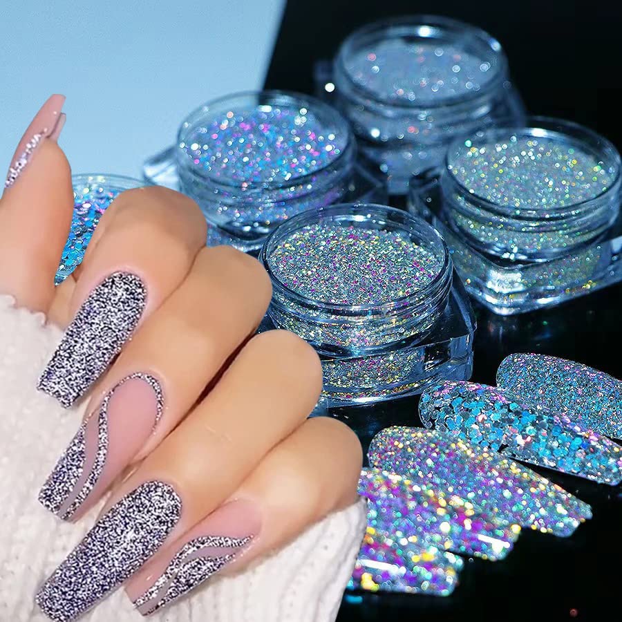 6 Color Holographic Nail Glitter Flakes - Reflective Nail Art Diamonds & Glitter Powder for Women & Girls - Perfect for DIY Manicures, Nail Salons & Party Looks