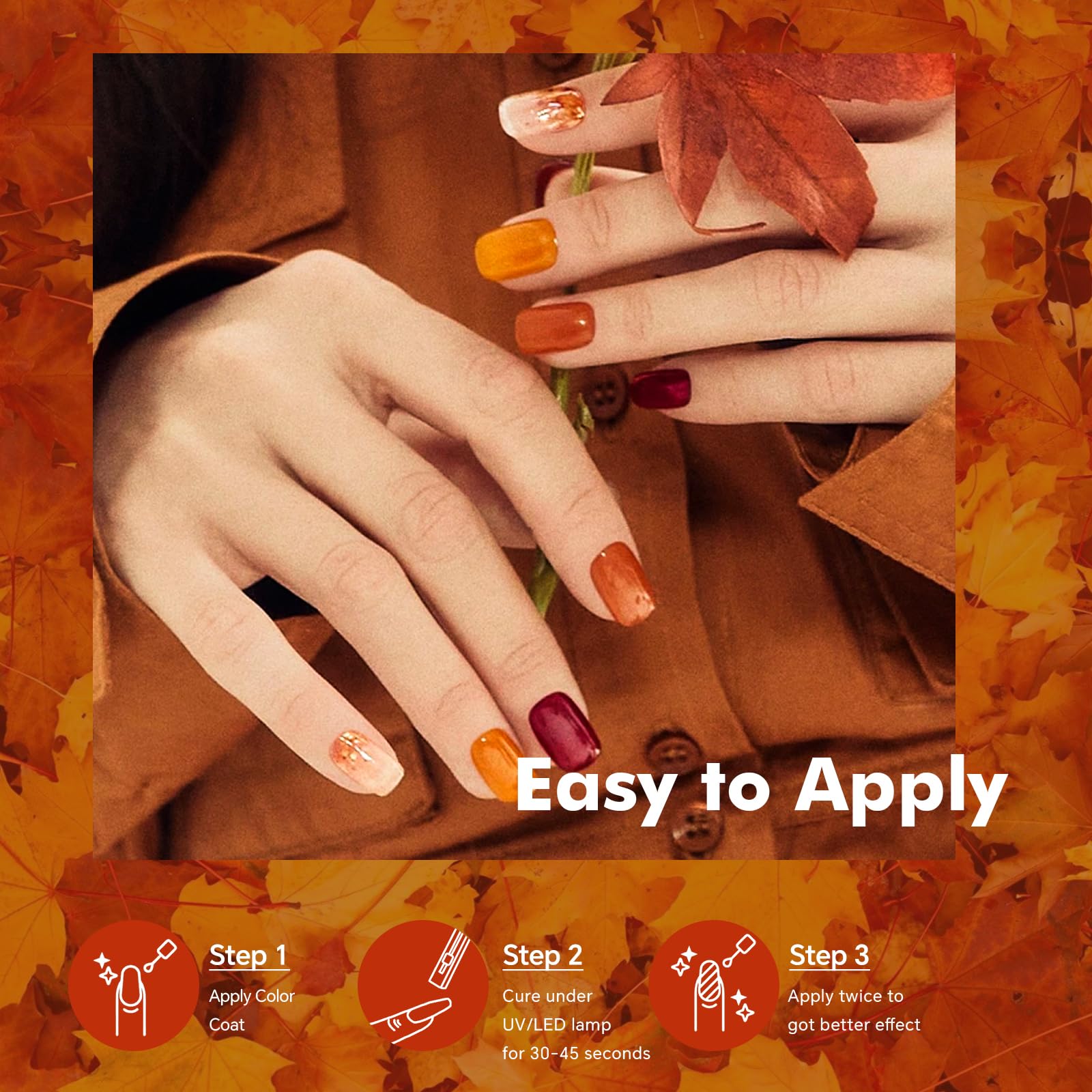 6 Colors Fall Gel Nail Polish Kit with UV Light - Orange, Brown, Red, Black Soak Off Gel Polish Set & Nail Lamp for DIY Manicure | Perfect for Autumn Winter Nail Art, Home Use & Gift for Women Girls