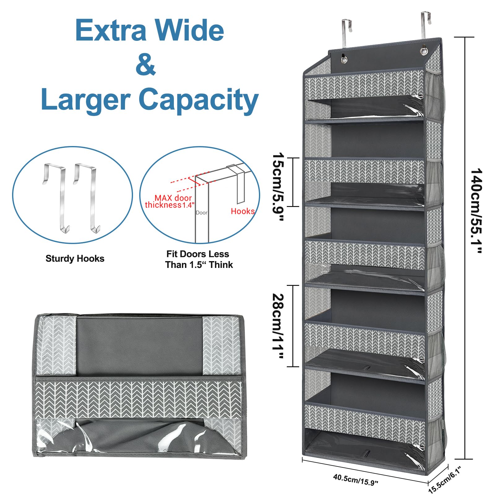 VERONLY Over The Door Organizer - Large Hanging Storage with 5 Big Pockets & 10 Side Pockets for Bedroom, Bathroom, Closet, Dorm - Space Saving Grey Organizer for Shoes, Toys, Towels & More