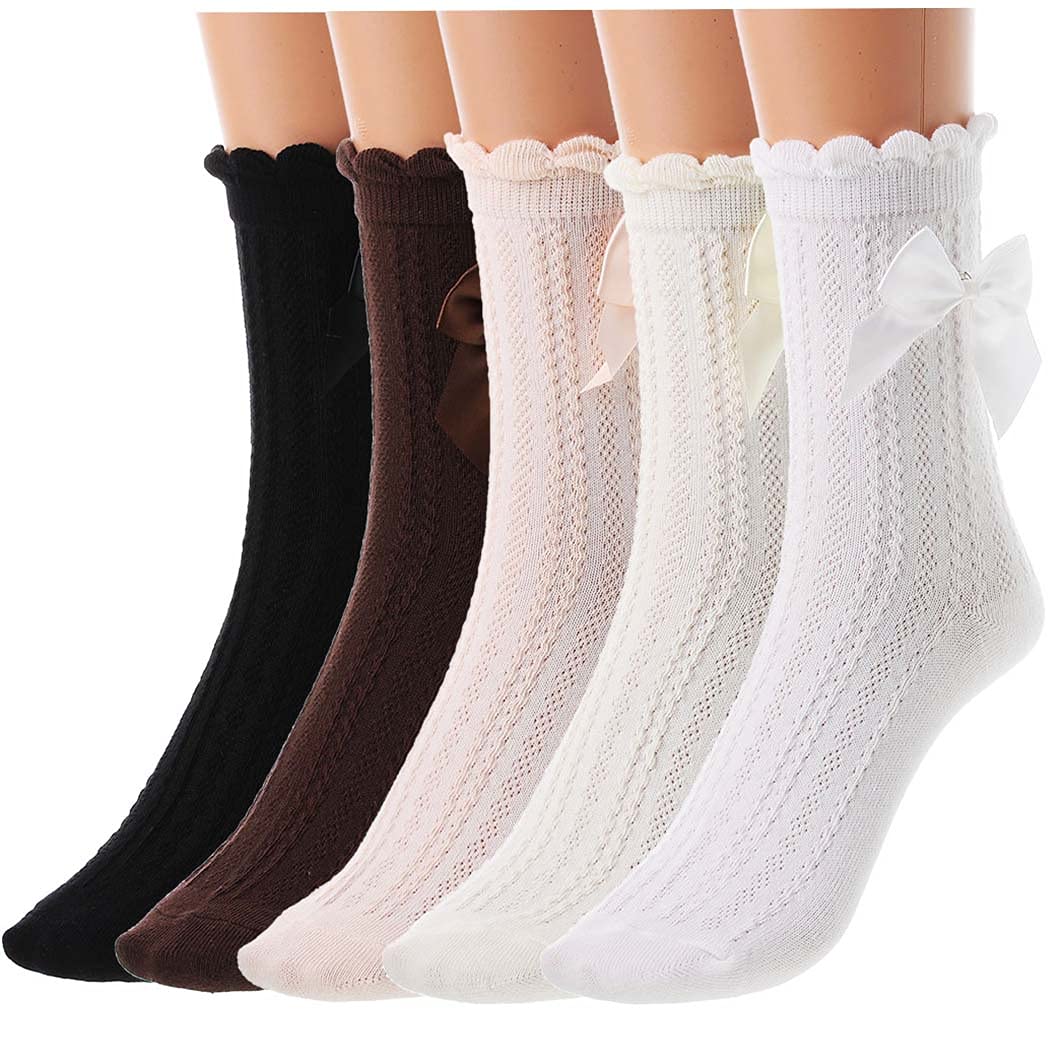 Zeelina Women's Lace Ruffle Ankle Socks - Cotton Frilly Socks with Satin Bow for Big Girls | Casual, Party, and Everyday Wear