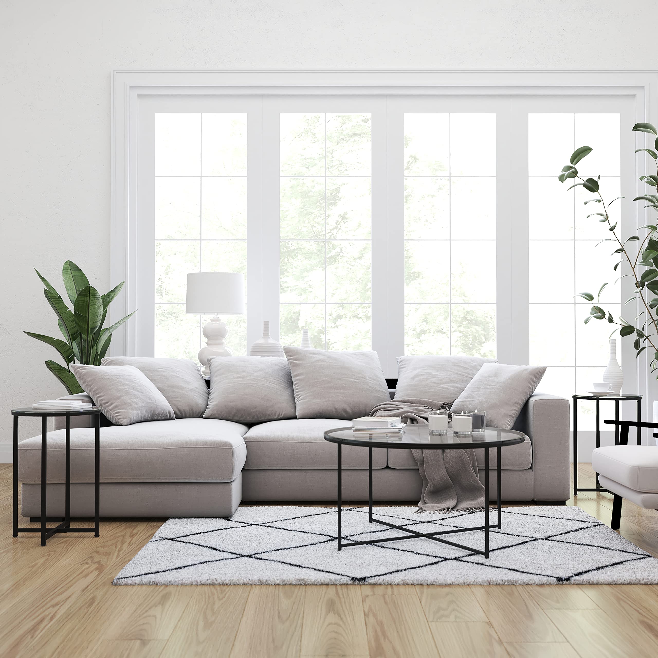 Merrick Lane Fairdale Round Coffee Table Set - 3-Piece Clear Glass Coffee Table with Matte Black Crisscross Frame - Modern Living Room Furniture for Small Spaces (Coffee Table + 2 End Tables) - Perfect for Apartments, Condos & Cozy Homes