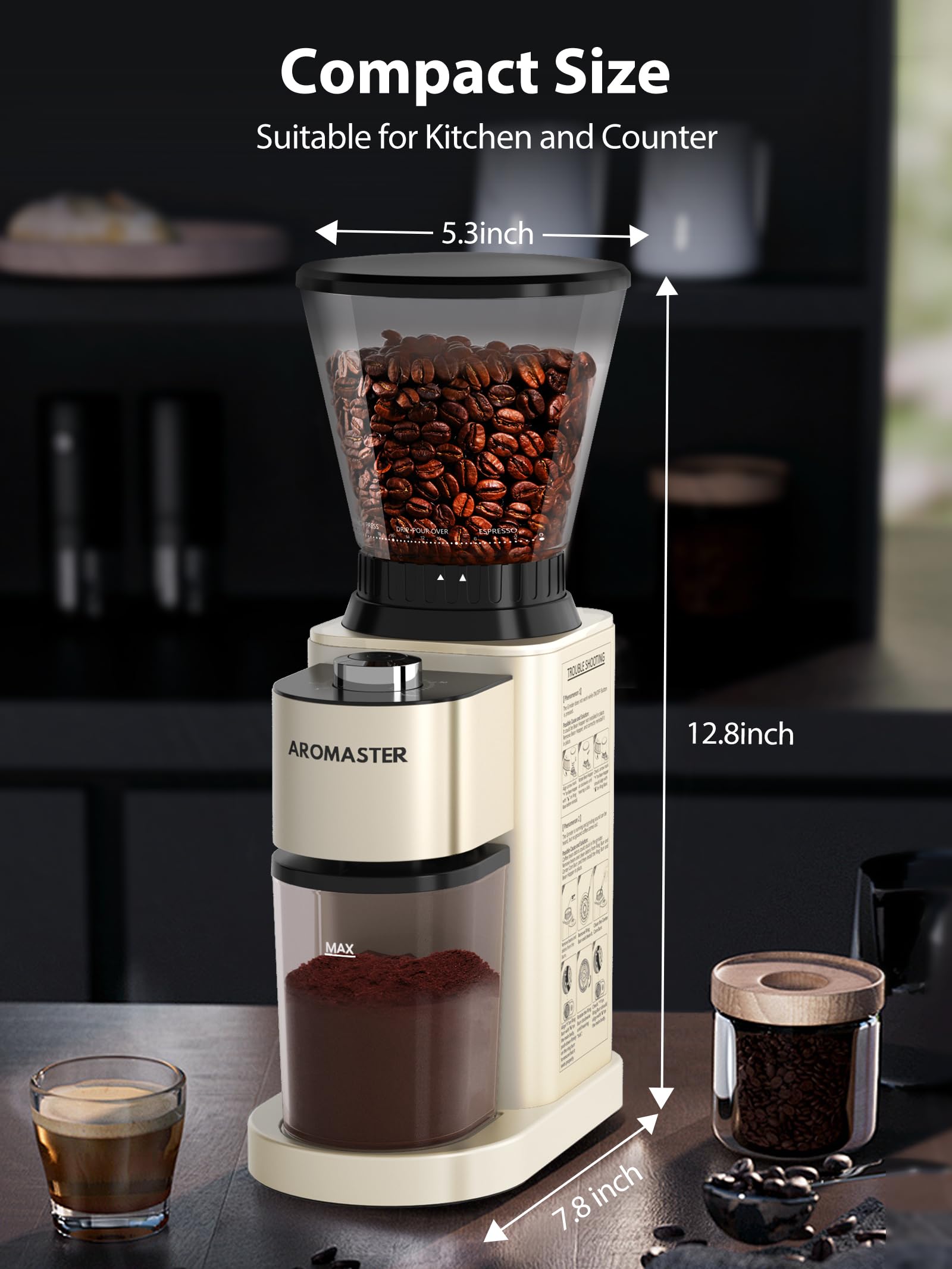 Aromaster Electric Burr Coffee Grinder - 48 Precise Grind Settings for Espresso, Pour Over, Cold Brew & French Press - Stainless Steel Coffee Bean Grinder (Beige) - Perfect for Home Kitchens, Offices & Coffee Shops