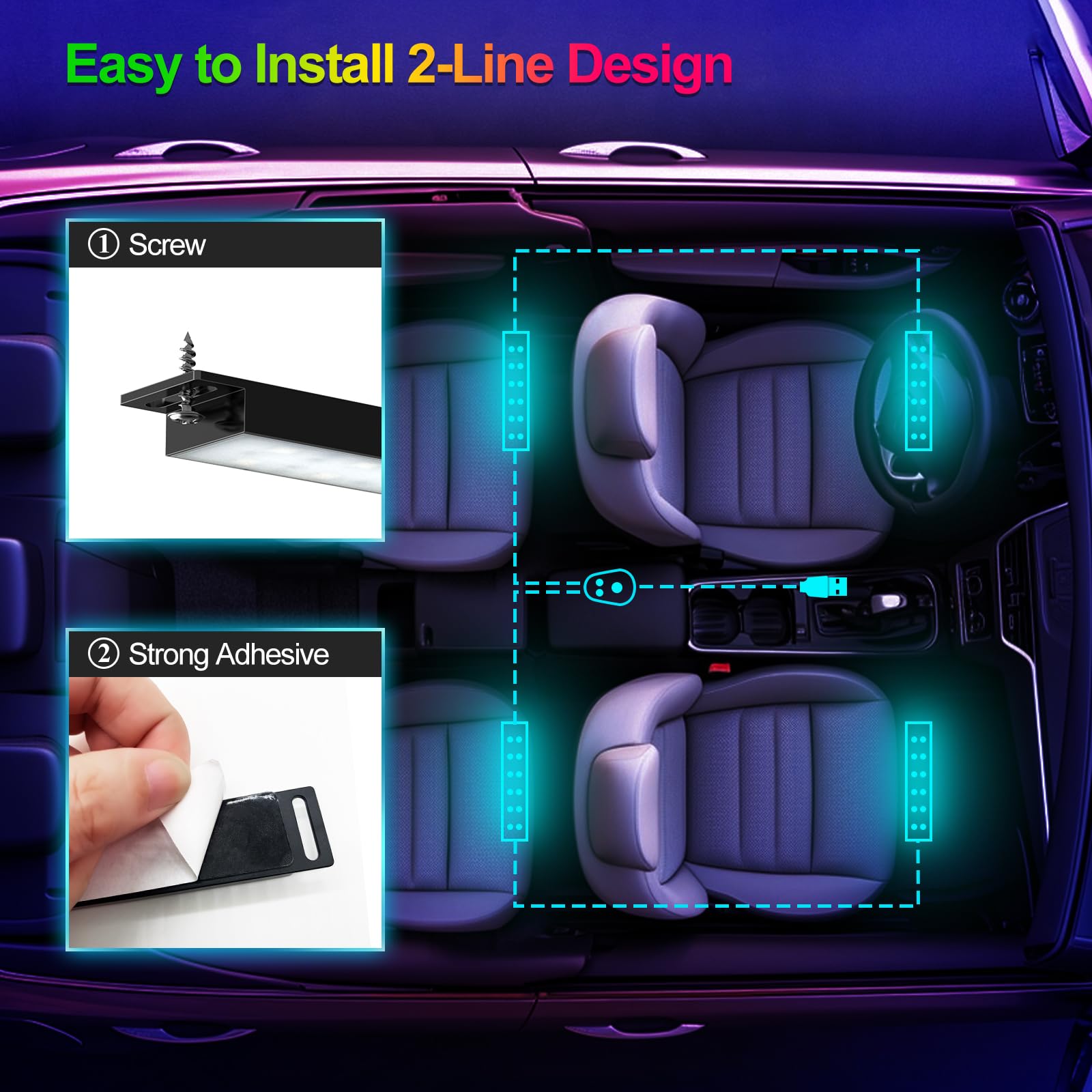 YiLaie RGB LED Car Interior Lights - Smart APP & Music Sync Control, 4PCS USB-Powered 5V DC LED Strips with Charger | Perfect for Car Decor, Gaming Setup & Home Ambience Lighting