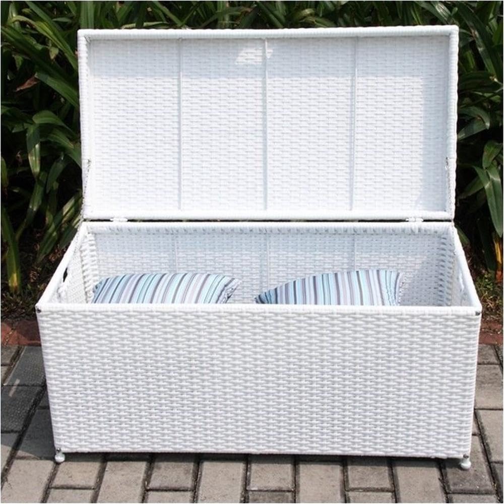 White BOWERY HILL Wicker Rattan Patio Storage Deck Box with Durable Steel Frame - Perfect for Outdoor Furniture Cushion & Garden Tool Organization