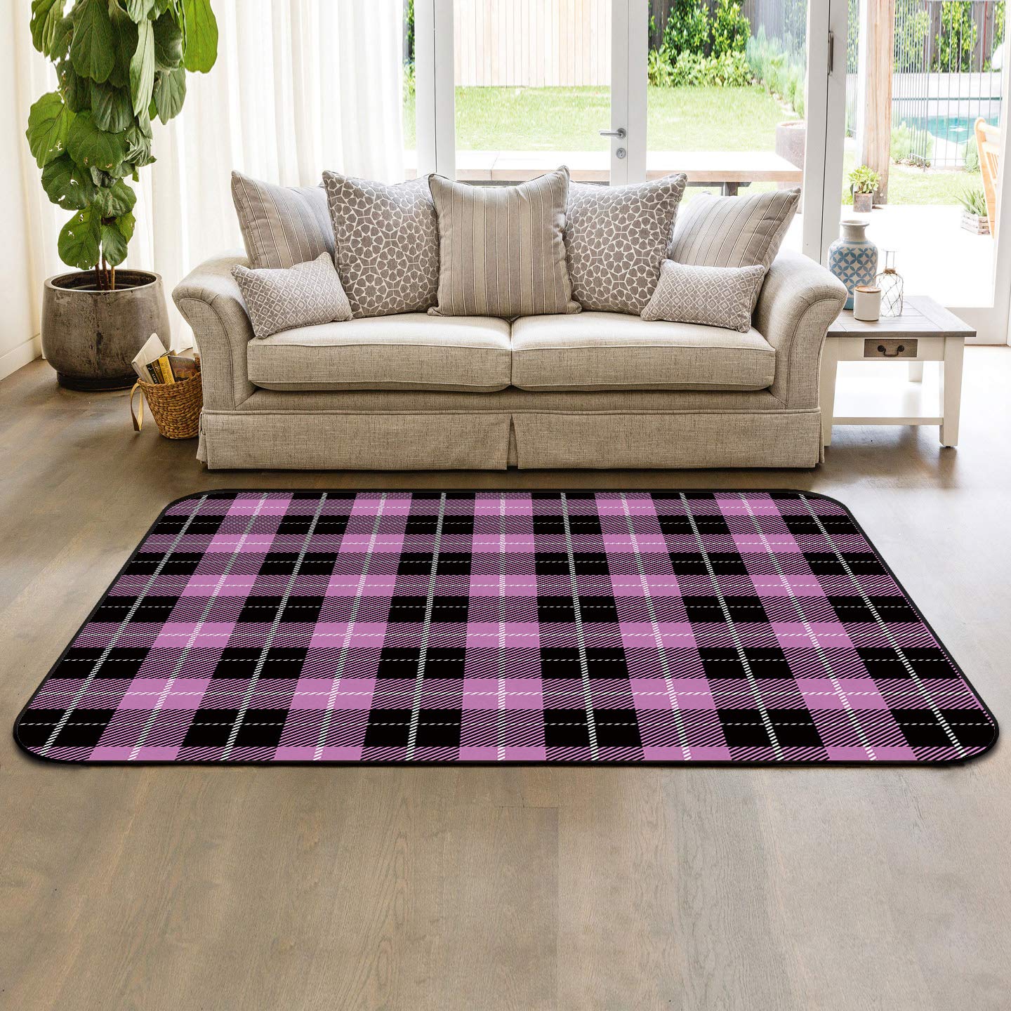 Non-Slip Indoor Throw Rug - Pink & Black Buffalo Plaid Low Pile Accent Carpet - 5' x 8' Geometric Floor Mat for Living Room, Bedroom, Dorm - Home Decor for Cozy Spaces & High Traffic Areas