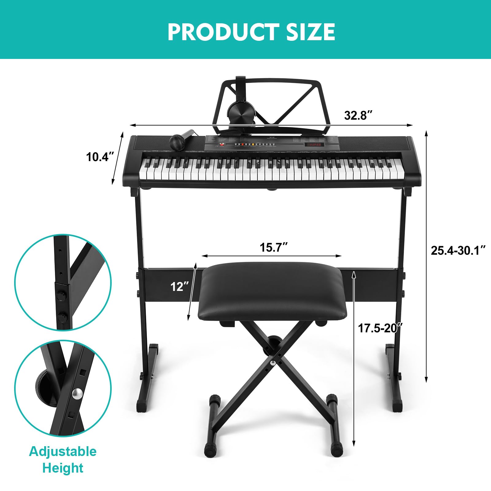 MUSTAR 61-Key Lighted Keyboard Piano for Beginners - Electric Piano with Stand, Bench, Headphones & Microphone - Portable Digital Piano with Built-in Speakers & Note Stickers - Perfect for Home Learning, Music Practice & Gift Giving