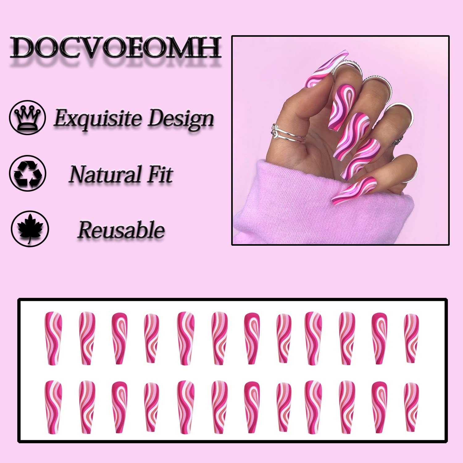 DOCVOEOMH Purple Press on Nails - Long Coffin Fake Nails with Fashionable Wave & Line Designs, 24PCS Acrylic False Nails with Glue for Women | Perfect for Parties, Weddings & Special Occasions