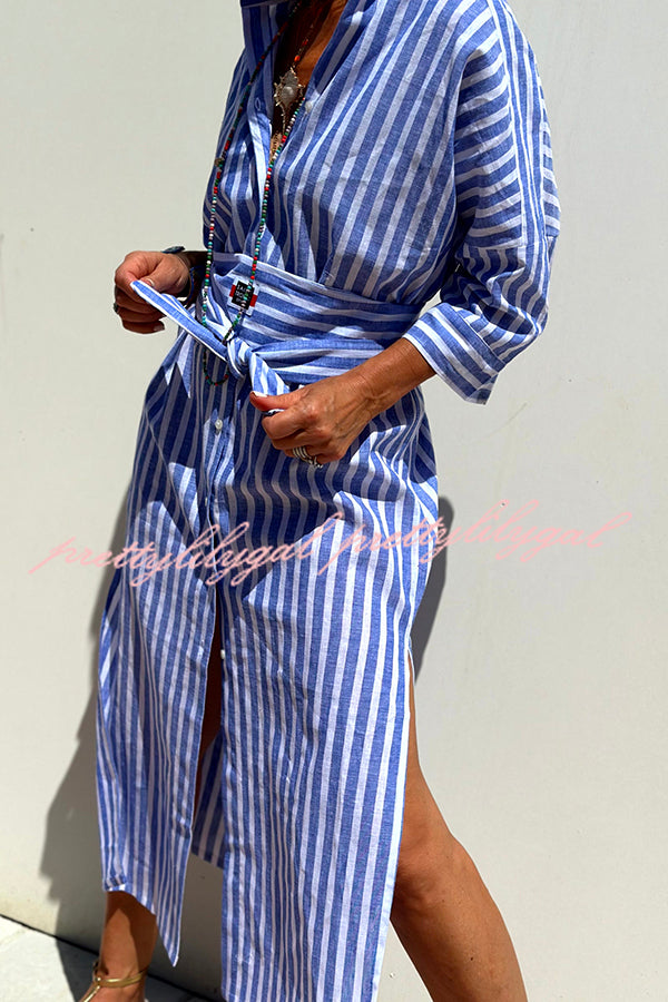 Summer Splendor Printed Button Half Sleeve Belt Loose Shirt Midi Dress - Flowy Boho Chic Outfit for Beach Vacation, Date Night & Casual Wear