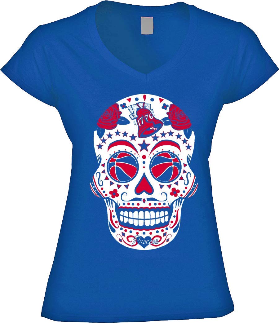 America's Finest Apparel Philadelphia Sugar Skull Black T-Shirt for Women - Gothic Fashion, Day of the Dead Style, Casual Wear & Festival Outfit