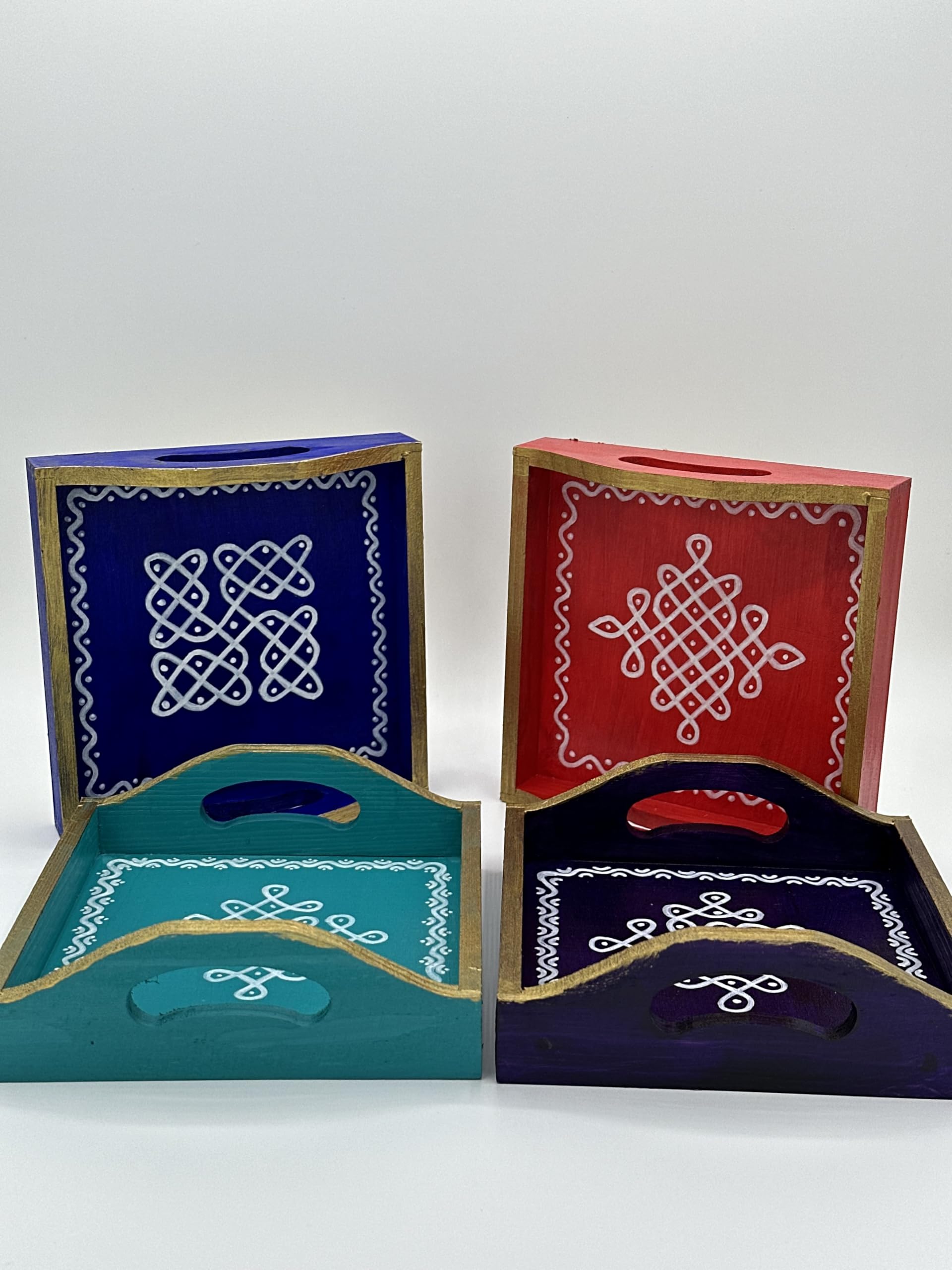 Hand Painted Indian Kolam Trays - 6x6 Inch Decorative Serving Trays for Coffee Table - Set of 8 - Perfect for Indian Housewarming, Wedding & Pooja Gifts - Ideal for Festive Decor, Tea Serving & Home Décor