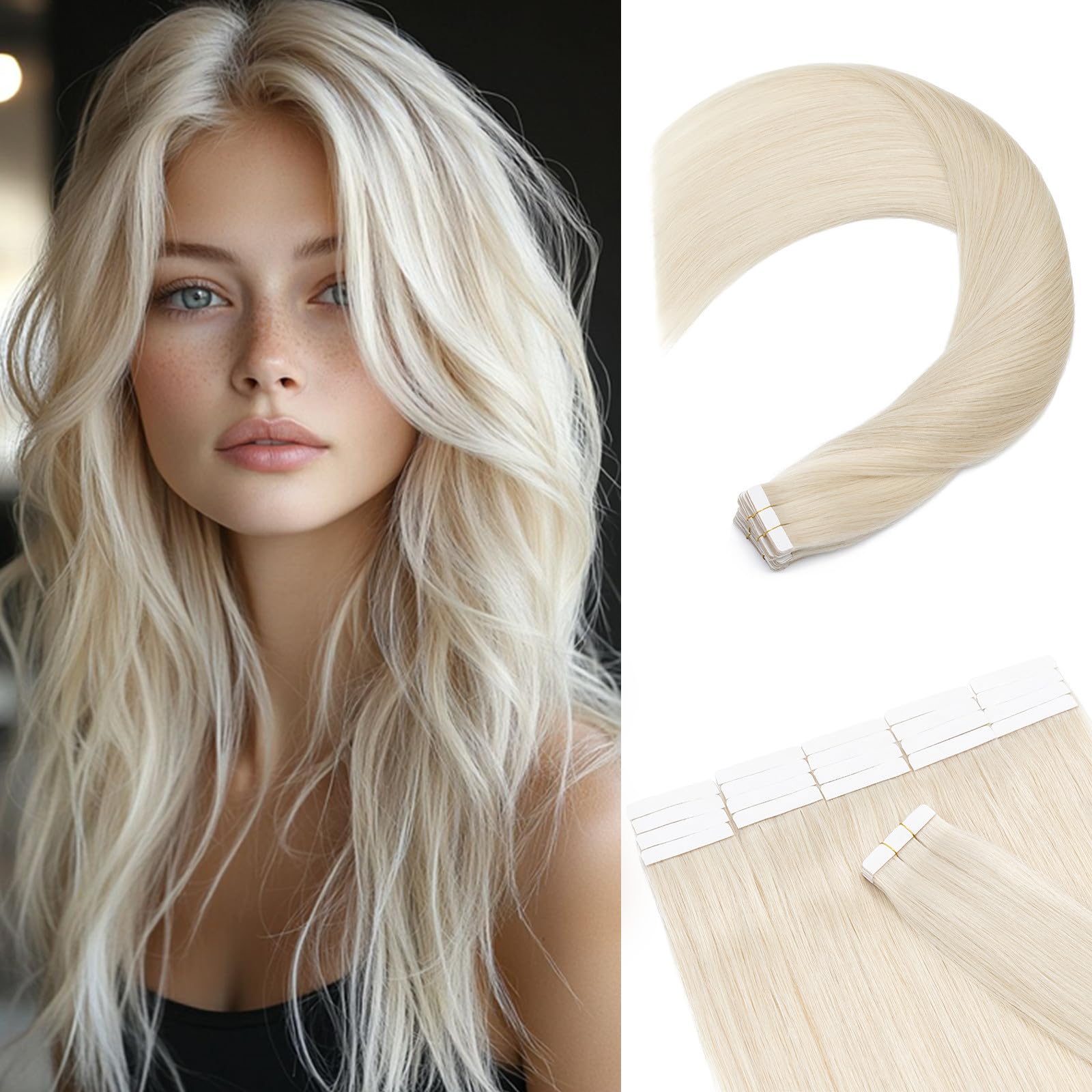 100% Remy Human Hair Tape in Extensions 40pcs 100g - Seamless Balayage Skin Weft 22 Inch #70 White Blonde for Natural Volume & Length | Perfect for Parties, Weddings & Daily Styling