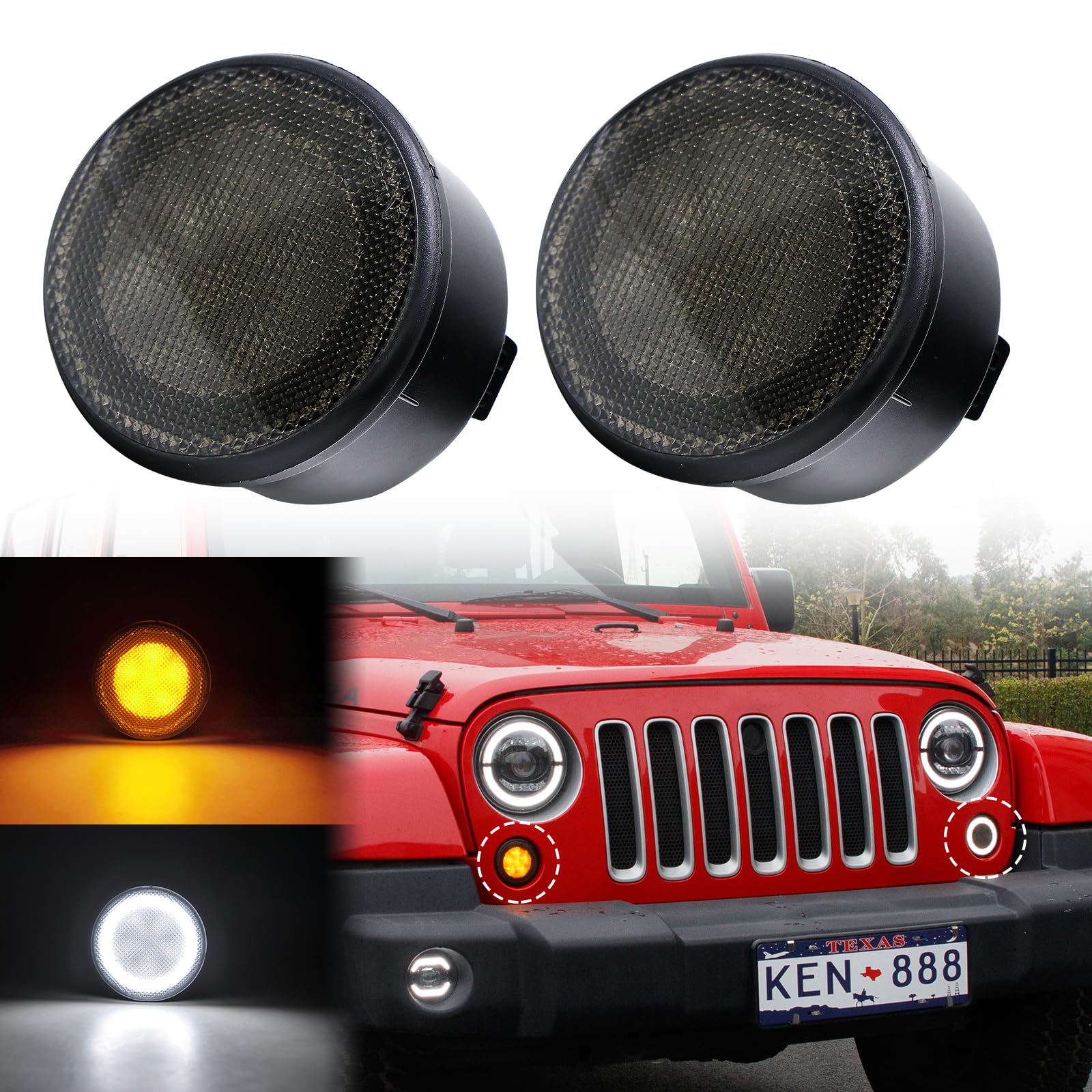LED Turn Signal Lights for Jeep Wrangler JK & JKU (2007-2018) - White Halo DRL & Yellow Honeycomb Turn Signals - Smoked Lens - 2PCS - Perfect for Off-Roading & Daily Driving