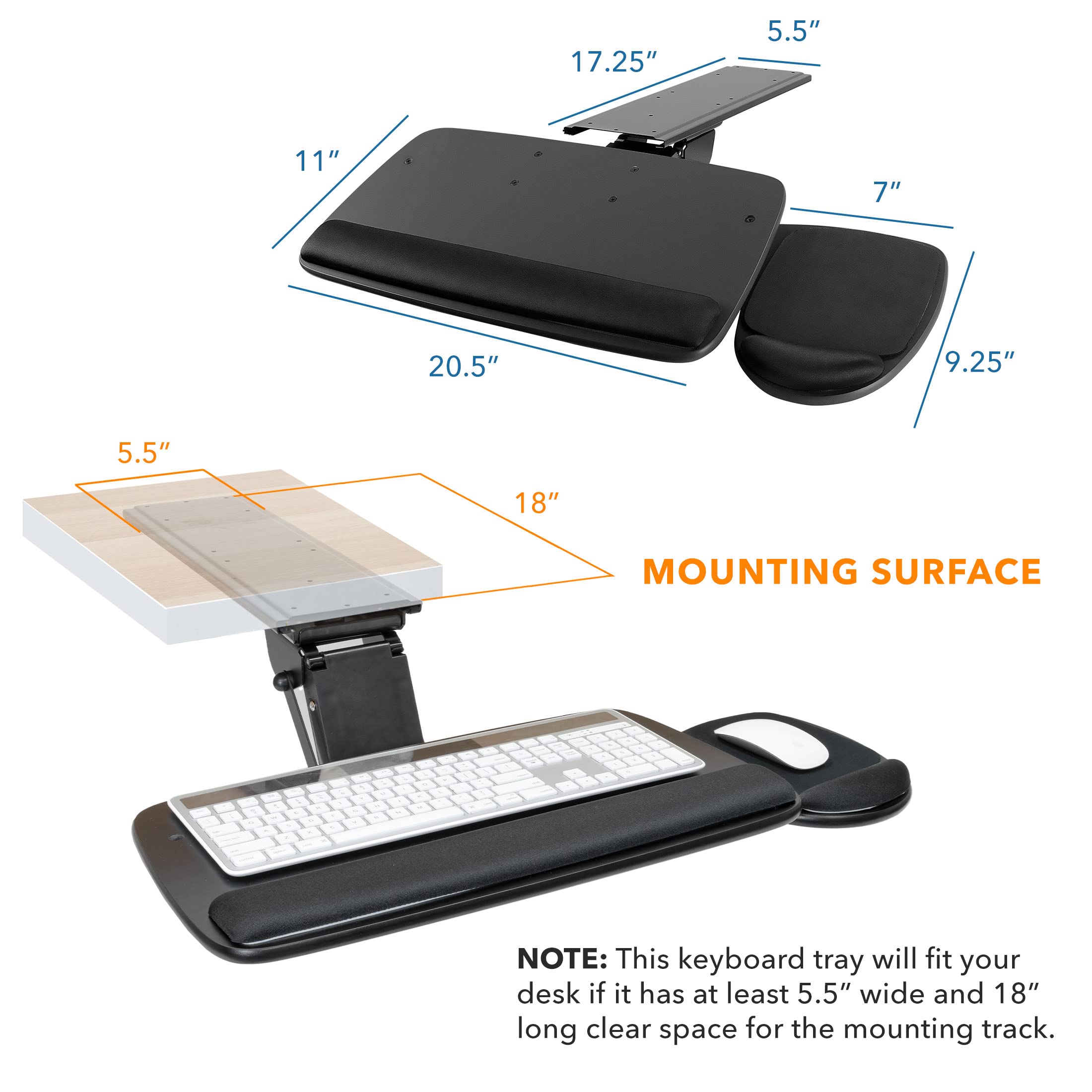 Mount-It! Adjustable Under Desk Keyboard Tray with Ergonomic Wrist Rest - 17.25
