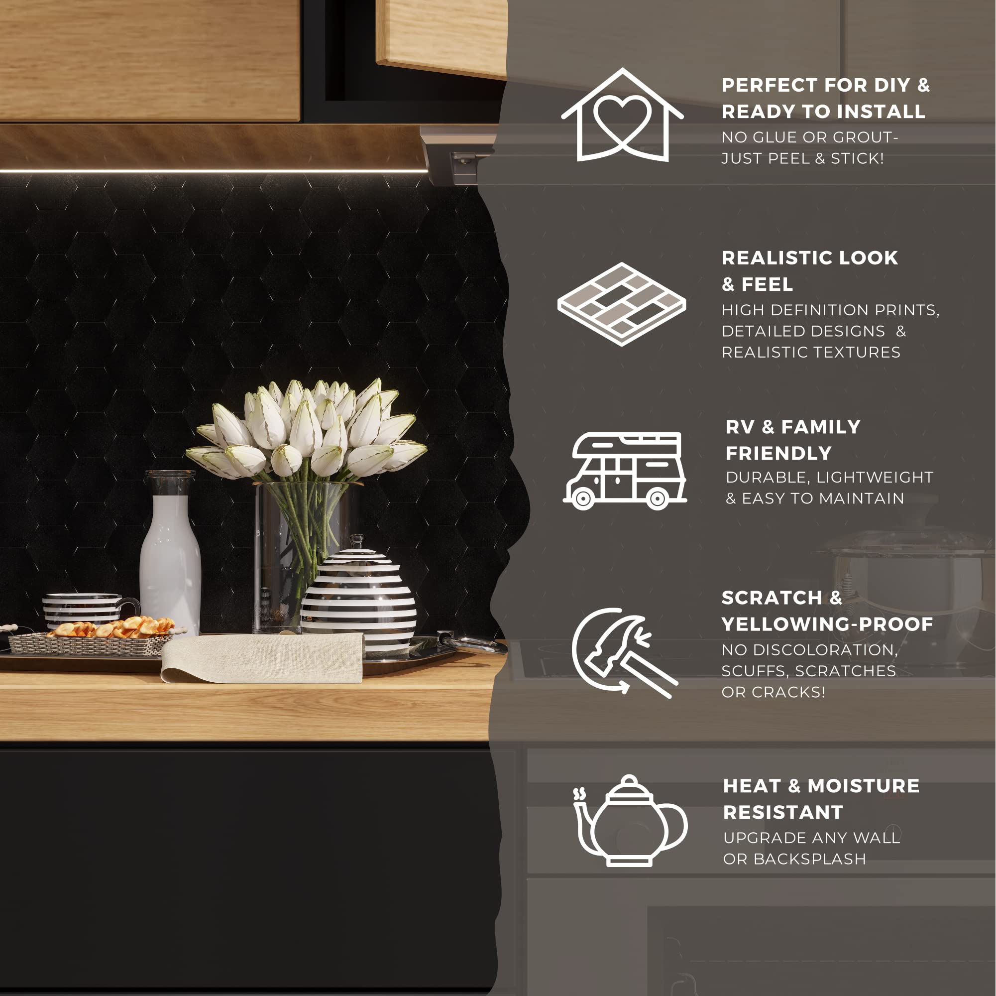 Hexagon Peel & Stick Tiles - Easy DIY Backsplash for Kitchen & Bathroom