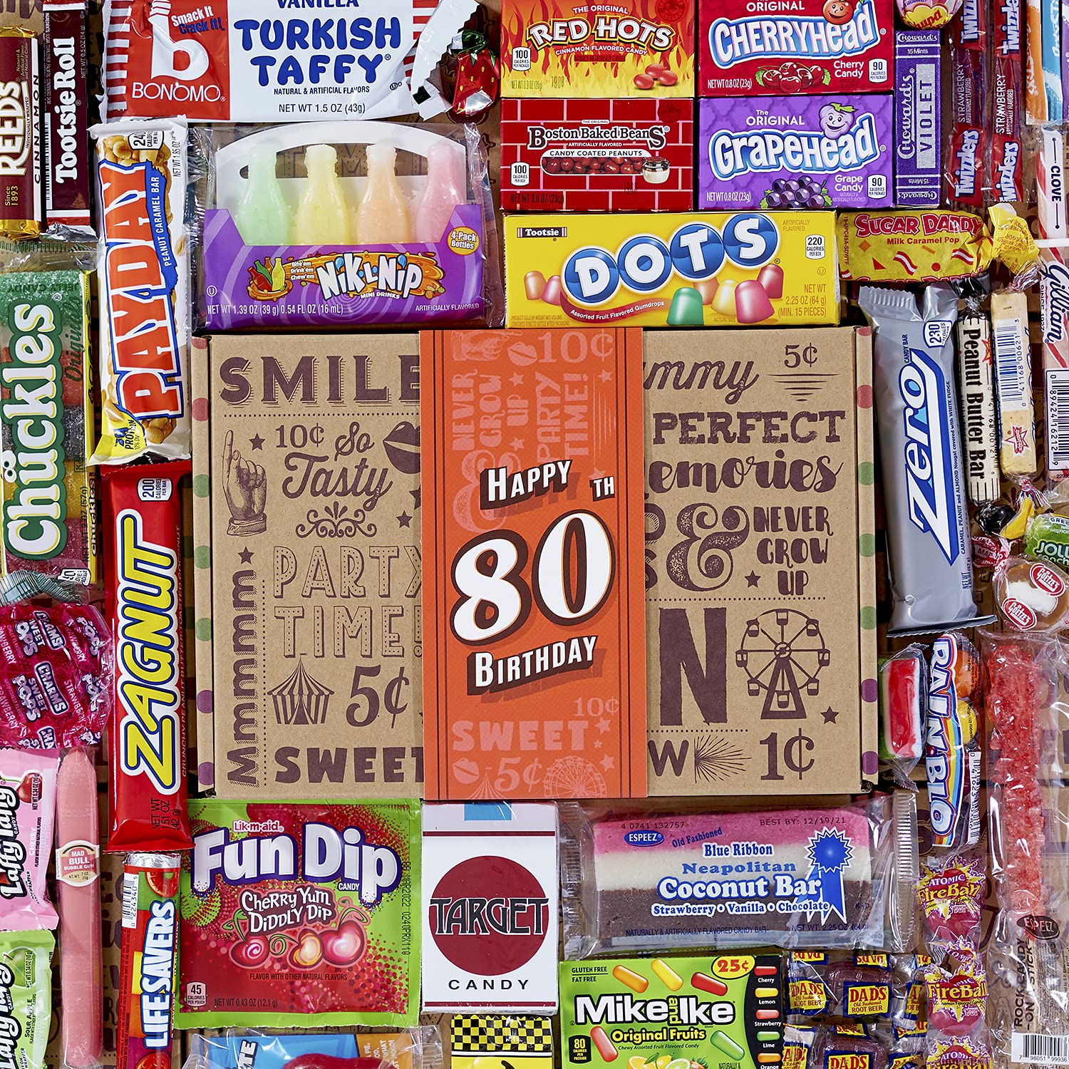 Vintage Candy Co. 80th Birthday Gift Basket - 1945 Themed Retro Candy Assortment | Nostalgic Sweets & Snacks Care Package for 80th Birthday Party | Perfect for Men & Women Celebrating Milestone Birthday - Great for Birthday Surprises, Retirement Parties & Generational Gift Giving