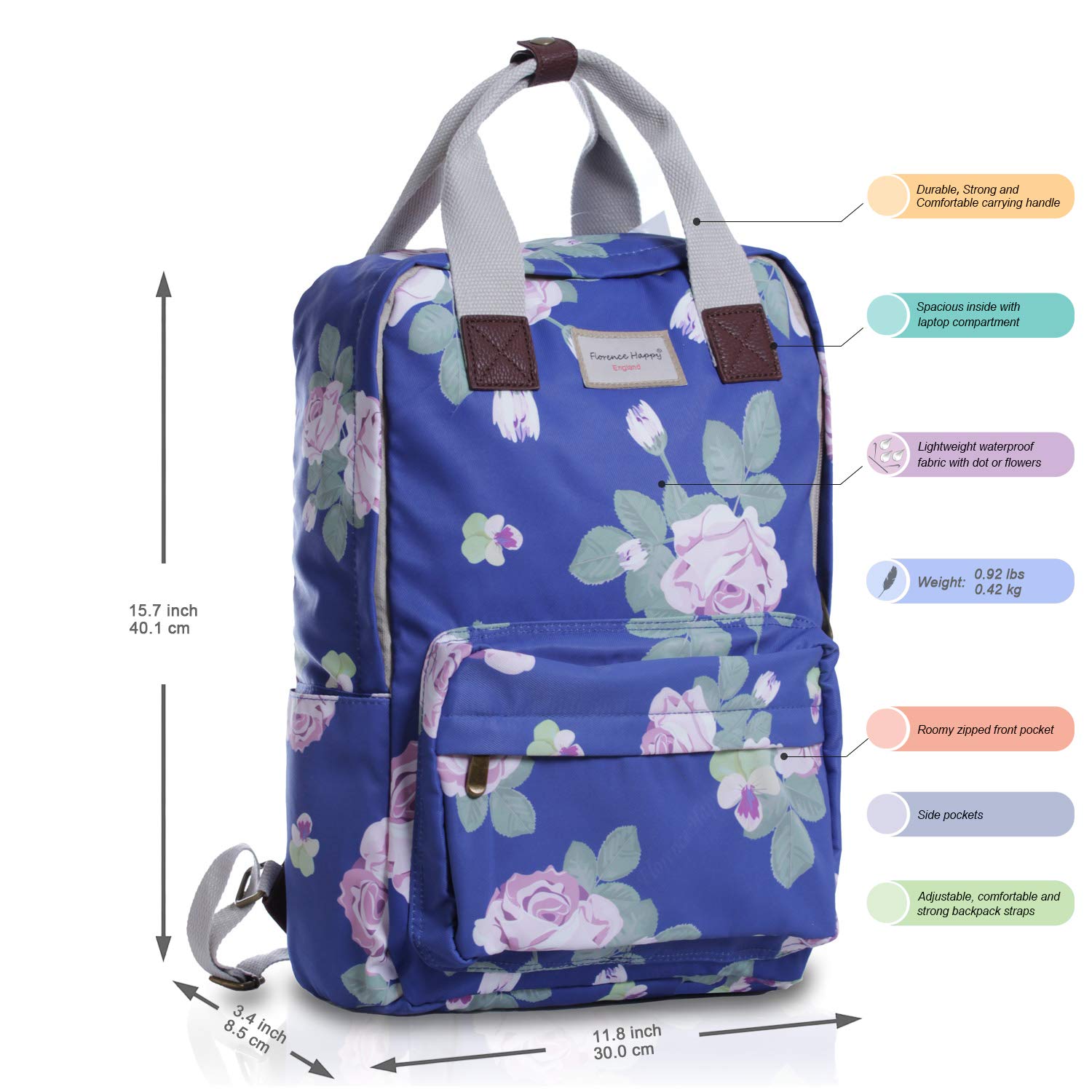 Florence Happy Waterproof Laptop Backpack for Women - 12-13 Inch Business & School Computer Bag, Stylish College Backpack for Students, Casual Hiking Daypack - Perfect for Work, Travel & Campus Life