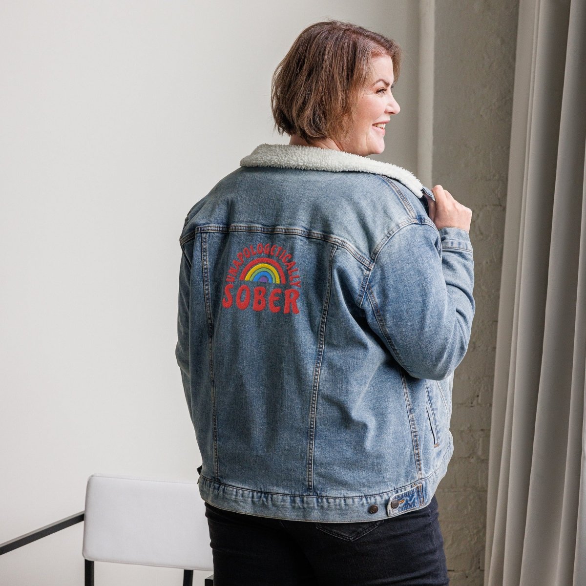 Unisex Sherpa Denim Jacket with Embroidered 'Unapologetically Sober' Design - Cozy Winter Fashion for Sober Living & Recovery Support