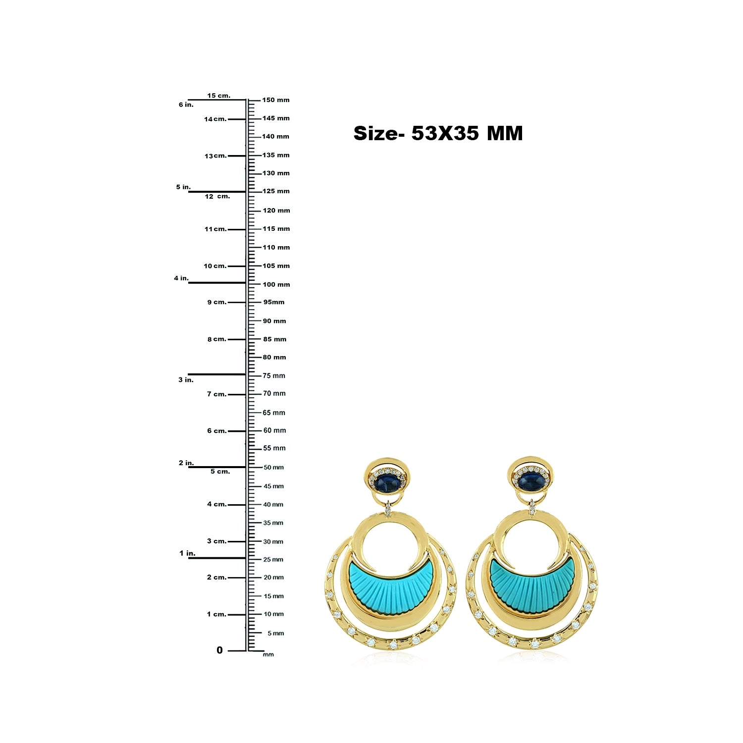 Handmade Gold Indian Ethnic Dangler Earrings with Carved Turquoise, Oval Sapphire & Diamond Accents - Perfect for Festivals, Weddings & Boho Fashion