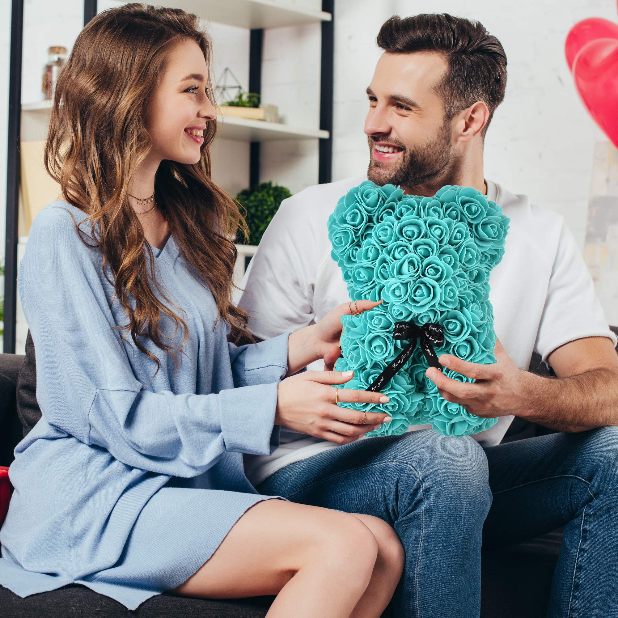 Eternal Rose Bear - Forever Rose Teddy Bear with Everlasting Flowers, Tiffany Blue Gift for Valentine's Day, Anniversary & Christmas | Romantic Home Decor & Window Display