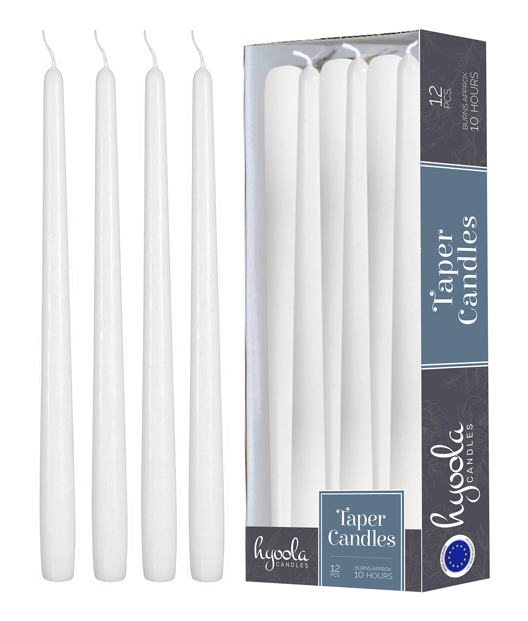 12 Pack 12 Inch White Unscented Taper Candles - Dripless Dinner Candles with Cotton Wicks - 10 Hour Burn Time - Perfect for Weddings, Holidays & Romantic Dinners