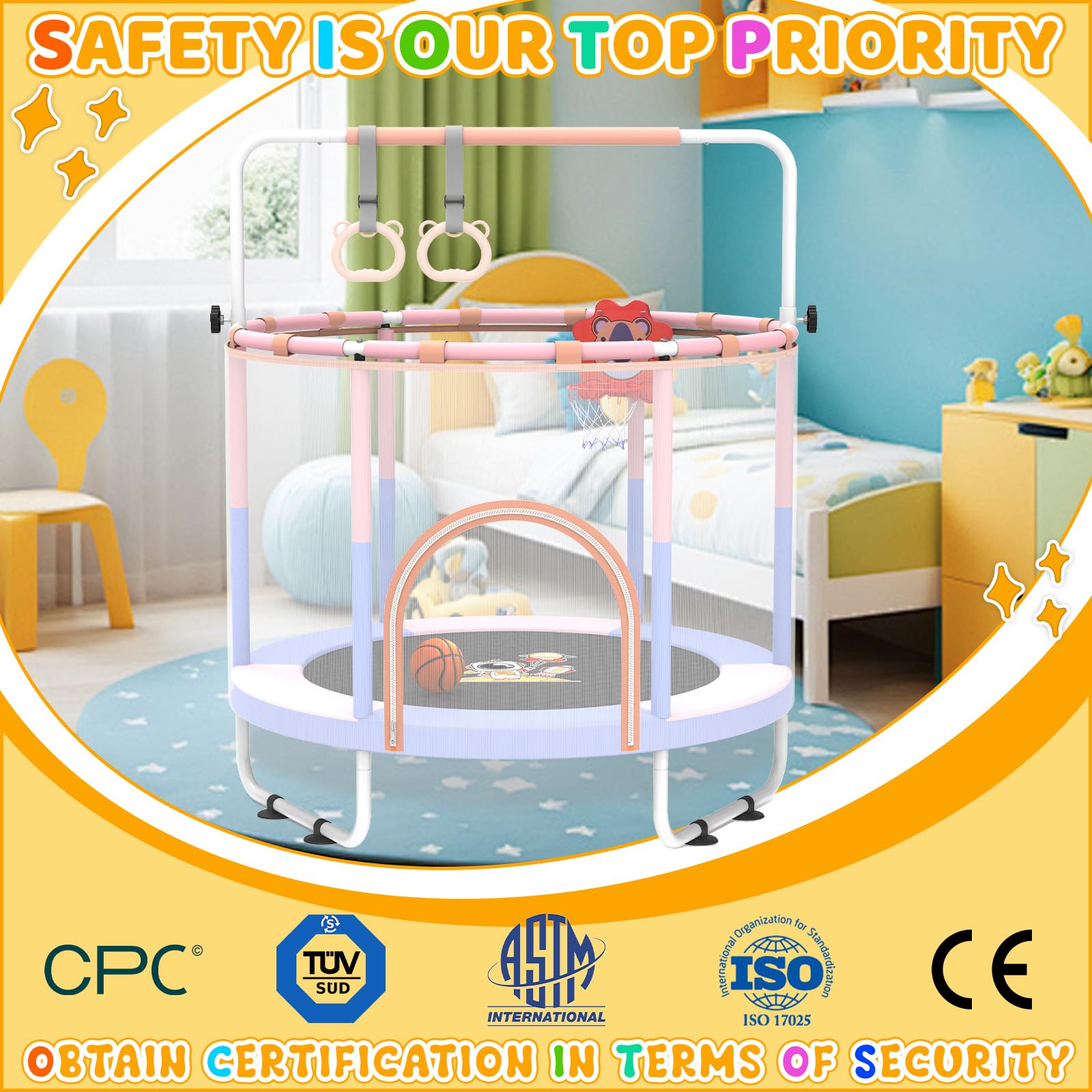 5FT Mini Trampoline for Kids Ages 3-6 | Indoor Toddler Trampoline with Safety Net & Adjustable Gym Bar | Perfect Birthday Gift for Boys & Girls | Great for Indoor Play, Exercise & Motor Skills Development