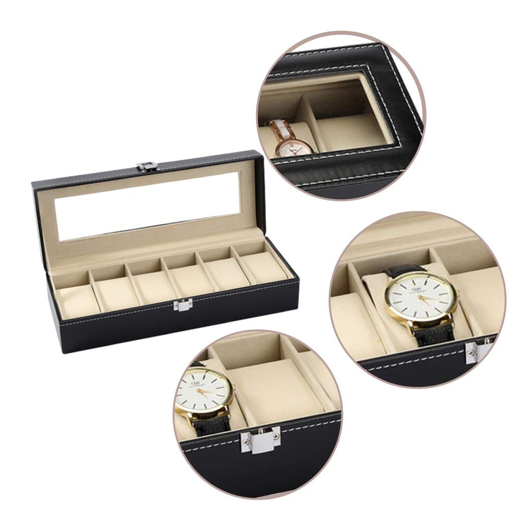 Premium 6-Slot Watch Display Case with Glass Lid & Removable Pillow - Luxury Black Leather Watch Box Organizer for Men | Perfect for Watch Collection Storage, Jewelry Organization & Gift Giving
