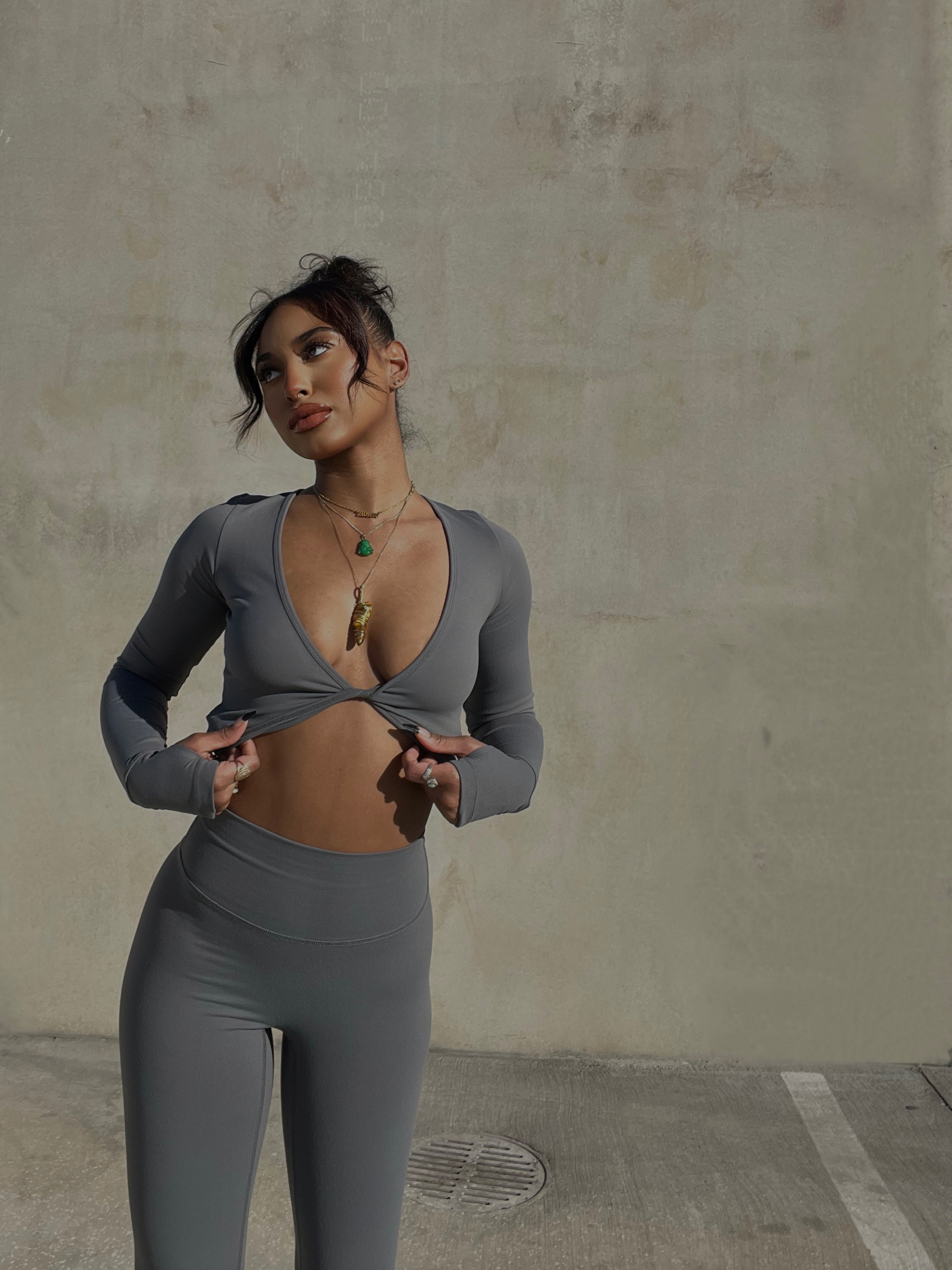 Laguna Long Sleeve Crop Top - Slate Gray Women's Fashion T-Shirt for Casual Wear & Street Style Outfits