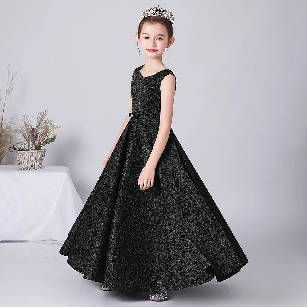 Elegant O-Neck Bow Floor-Length Princess Dress for Girls - Perfect for Birthday Parties, Pageants & Special Occasions | Formal Gown for Kids' Celebrations & Photo Shoots