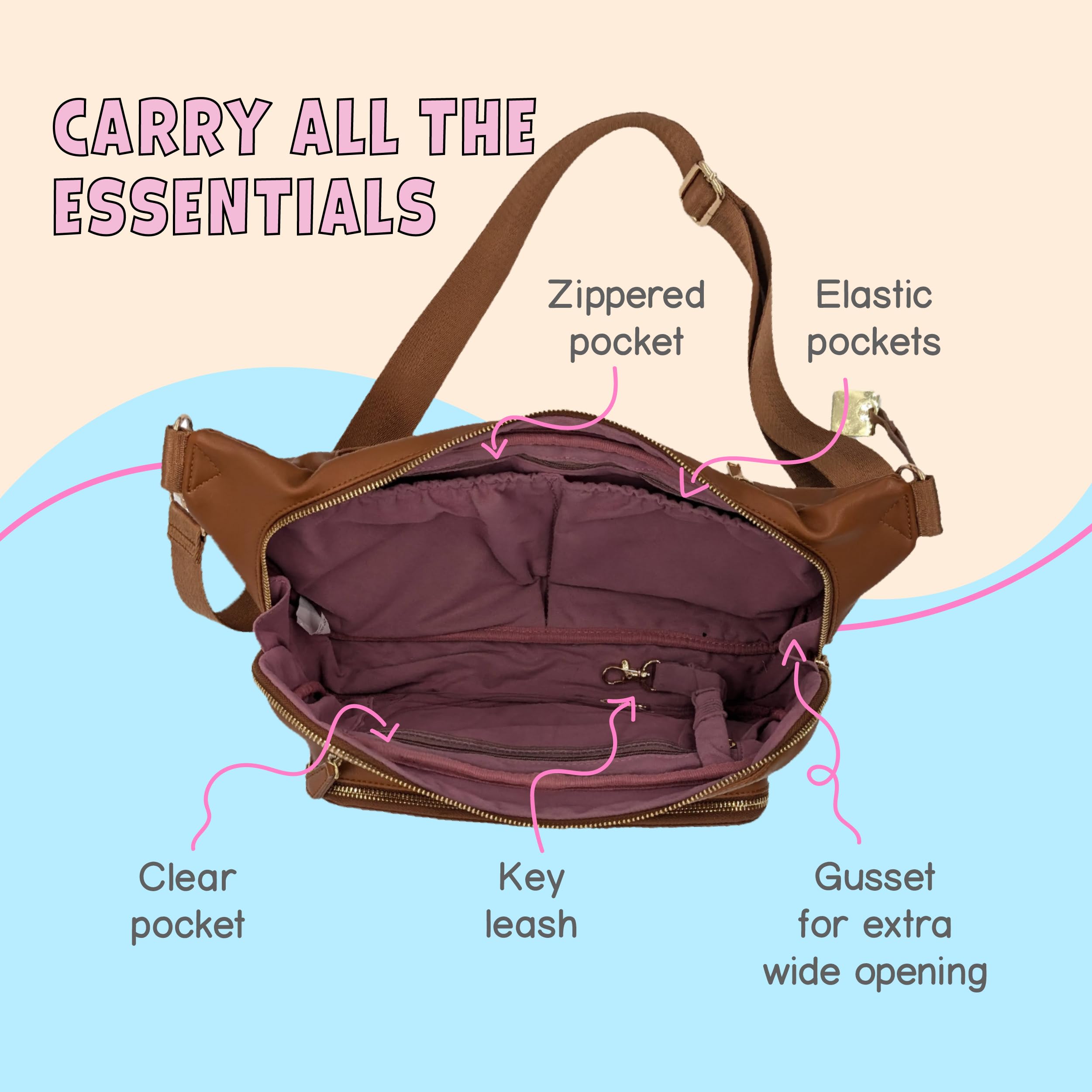 Designer Park Company - Women's Leather Crossbody Bag with Adjustable Strap & Locking Pins, Fashionable Fanny Pack Sling Bag for Theme Park, Travel, Shopping & Daily Use - Fawn Brown