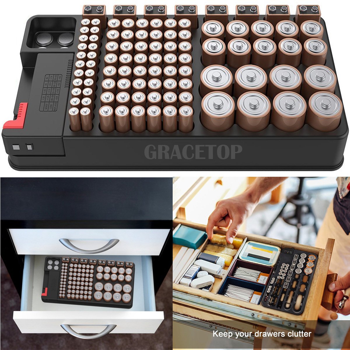 Battery Organizer Storage Case with Digital Tester - Holds 110 AAA, AA, C, D, 9V & Button Batteries | Portable Battery Storage Box with Removable Tester for Home, Office, Emergency Kits & Travel