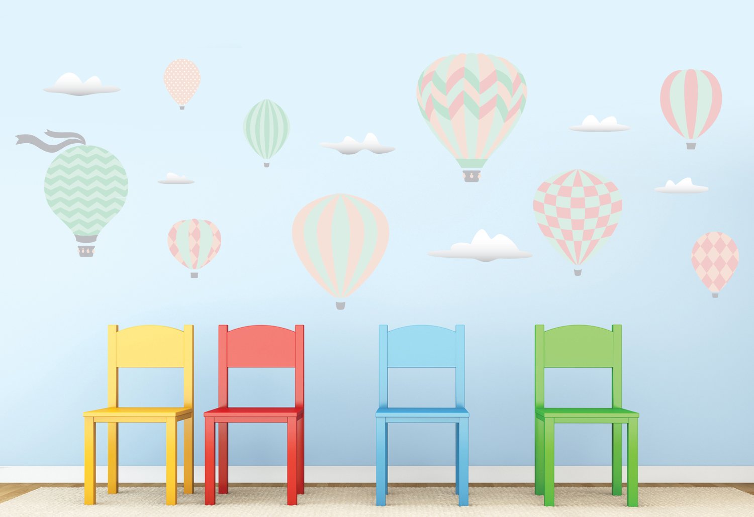 Sunny Decals Hot Air Balloons Fabric Wall Stickers - Extra Large Pastel Wall Decals | Removable, Repositionable, Reusable & Non-Toxic Nursery Decor for Kids Room, Bedroom, Playroom