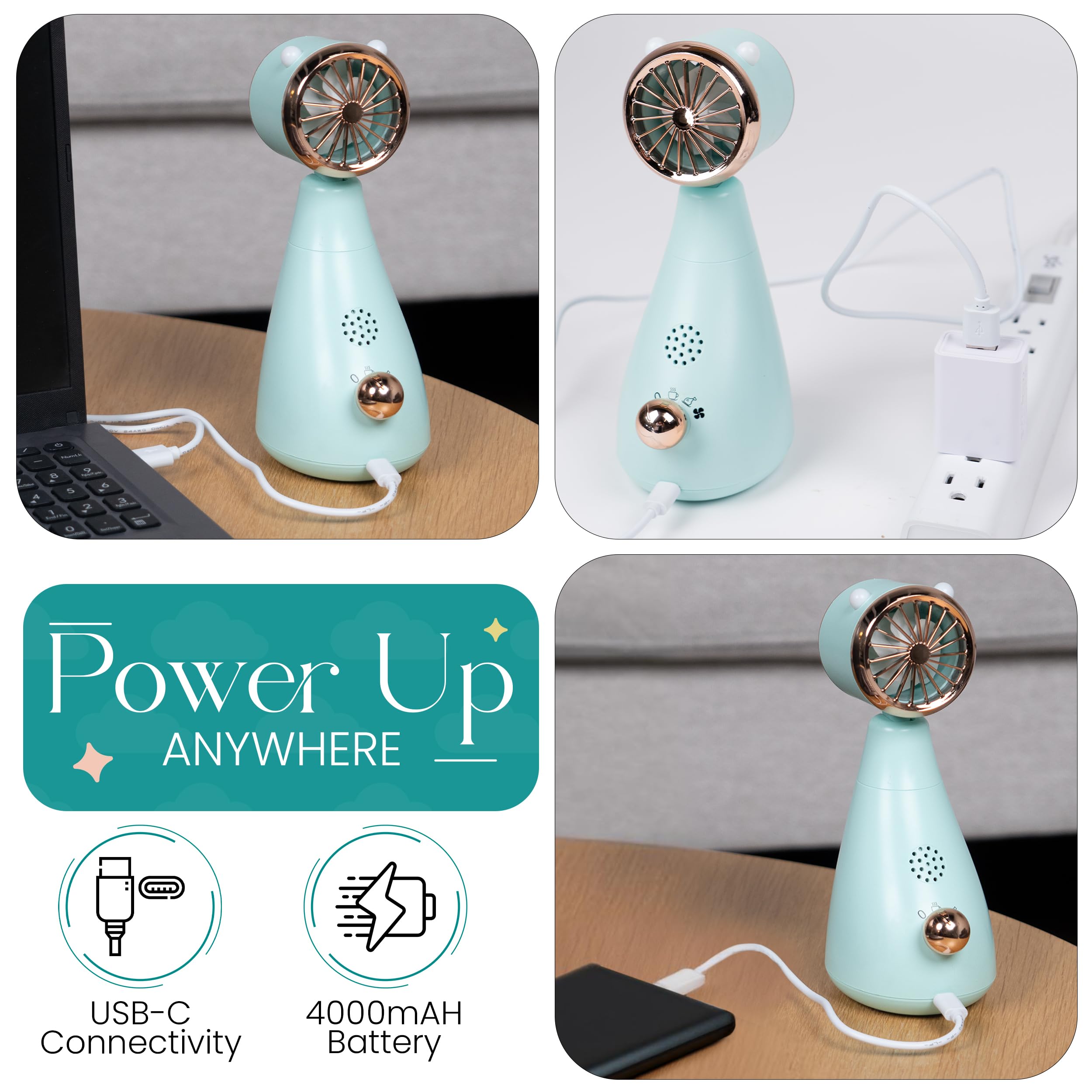 Rechargeable USB-C Handheld Fan for Babies & Kids - 3-Speed Mini Cooling Fan with Low Noise, Voice Prompts, Soothing Music & LED Light (6-24H Playtime) - Perfect for Cooling Food, Stroller Rides & Outdoor Activities
