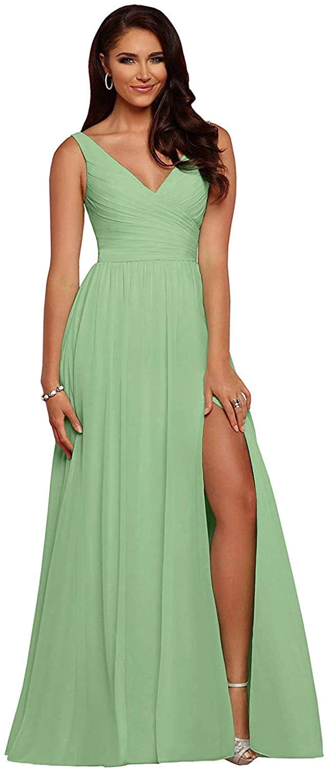 King Noiva Long Chiffon Bridesmaid Dress - Elegant V-Neck Pleated Wedding Guest Gown with High Slit & Backless Design for Prom, Formal Events & Special Occasions | Perfect for Bridal Parties, Evening Galas & Red Carpet Events