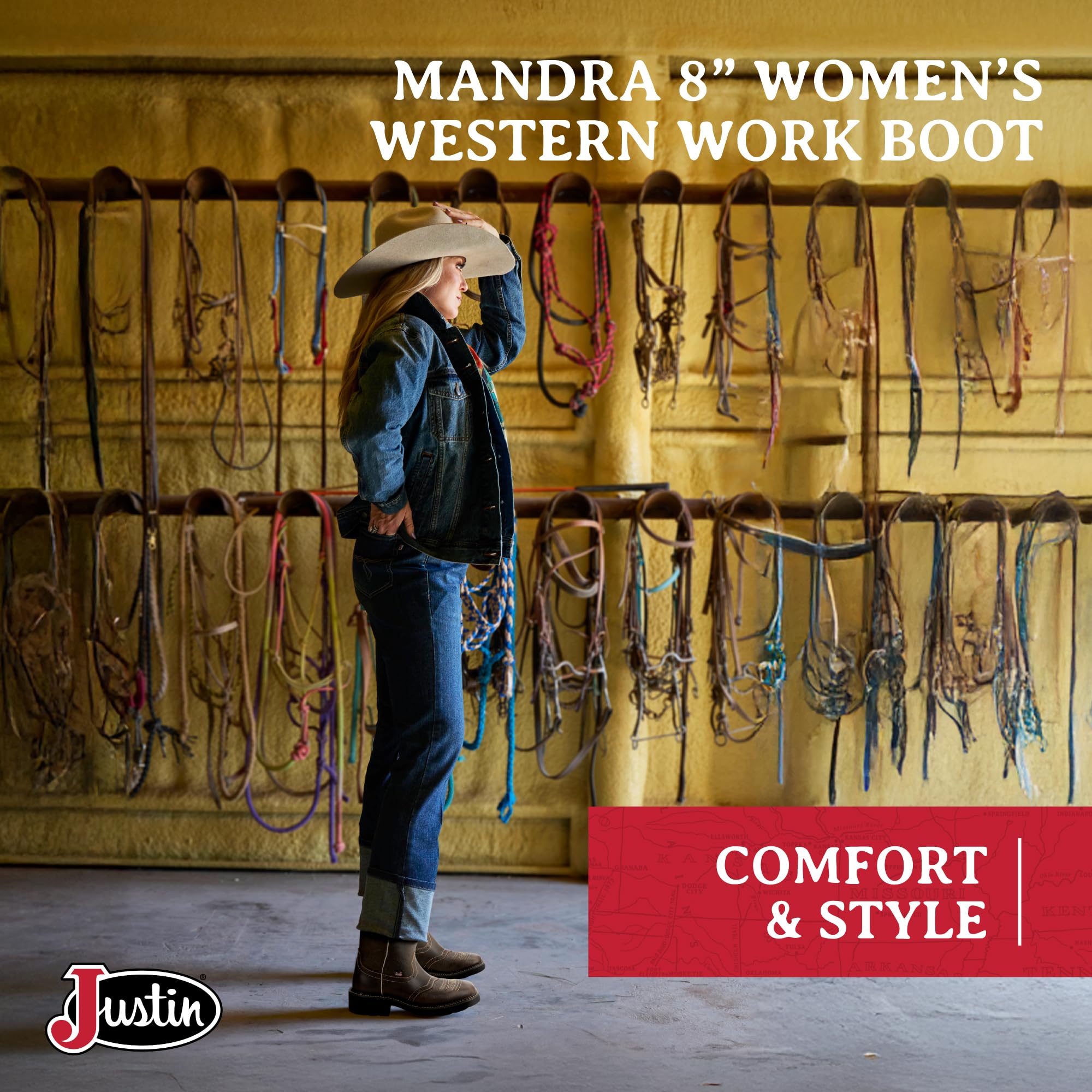 Justin Mandra 8” Women's Western Boots - Durable Cowhide Leather Square Toe Cowgirl Boots with Vivid Stitching, J-Flex Comfort & Non-Slip Outsoles | Perfect for Country Dancing, Rodeo Events & Everyday Western Fashion