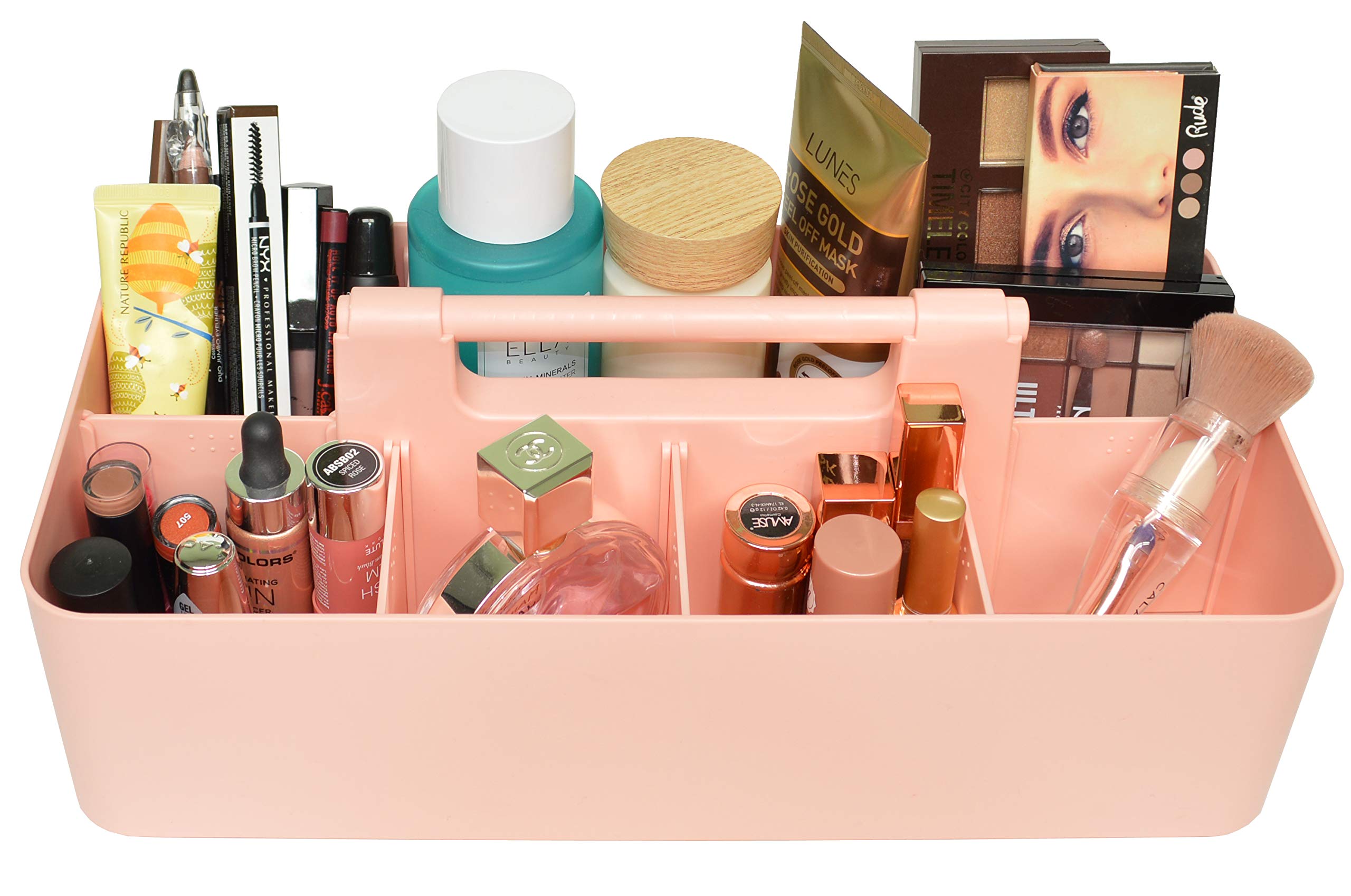 Portable Makeup Organizer with Handle - Plastic Divided Storage Caddy for Bathroom, Travel & Vanity | Made in USA (Indie Pink) | Perfect for Cosmetics, Brushes & Skincare Products Organization