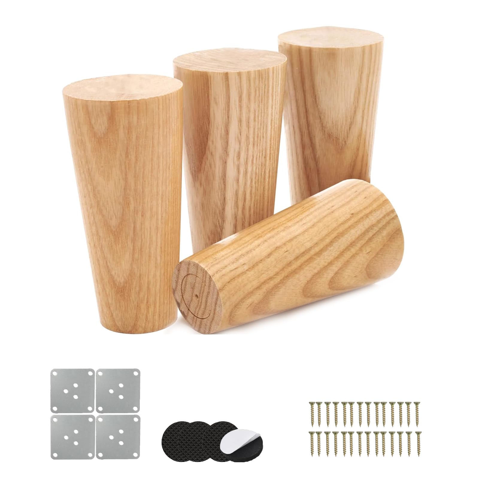 BUPOGAKE Mid-Century Modern Wooden Furniture Legs Set of 4 - 3.94 Inch Round Replacement Feet for Sofa, Cabinet & Table - Includes Non-Slip Pads, Screws & Mounting Plates - Perfect for Living Room, Bedroom & Office Furniture Upgrade