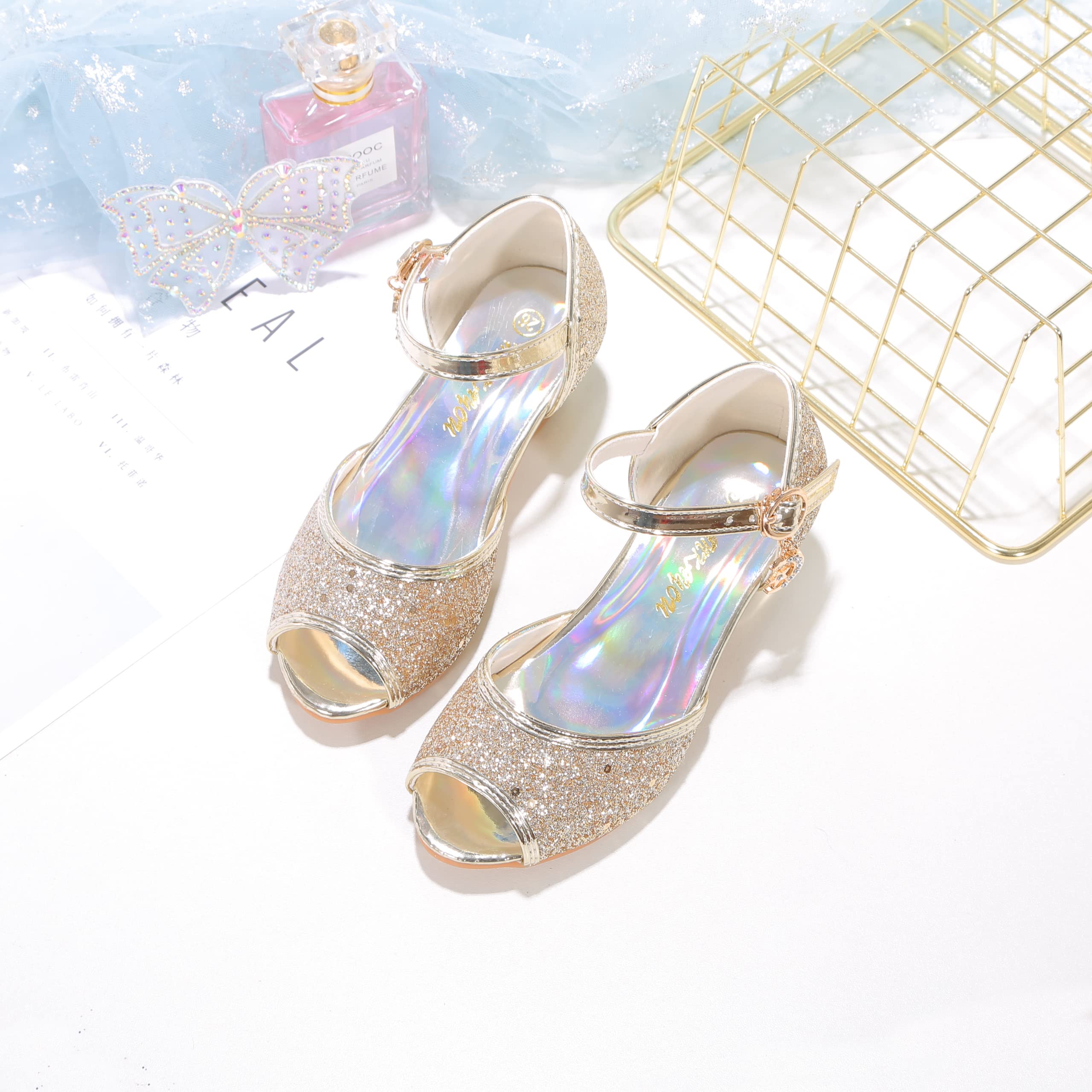 Sparkly Girls Mary Jane Shoes for Weddings & Parties - Princess Flower Strap Dress Shoes - Perfect for Flower Girls, Pageants & Special Occasions